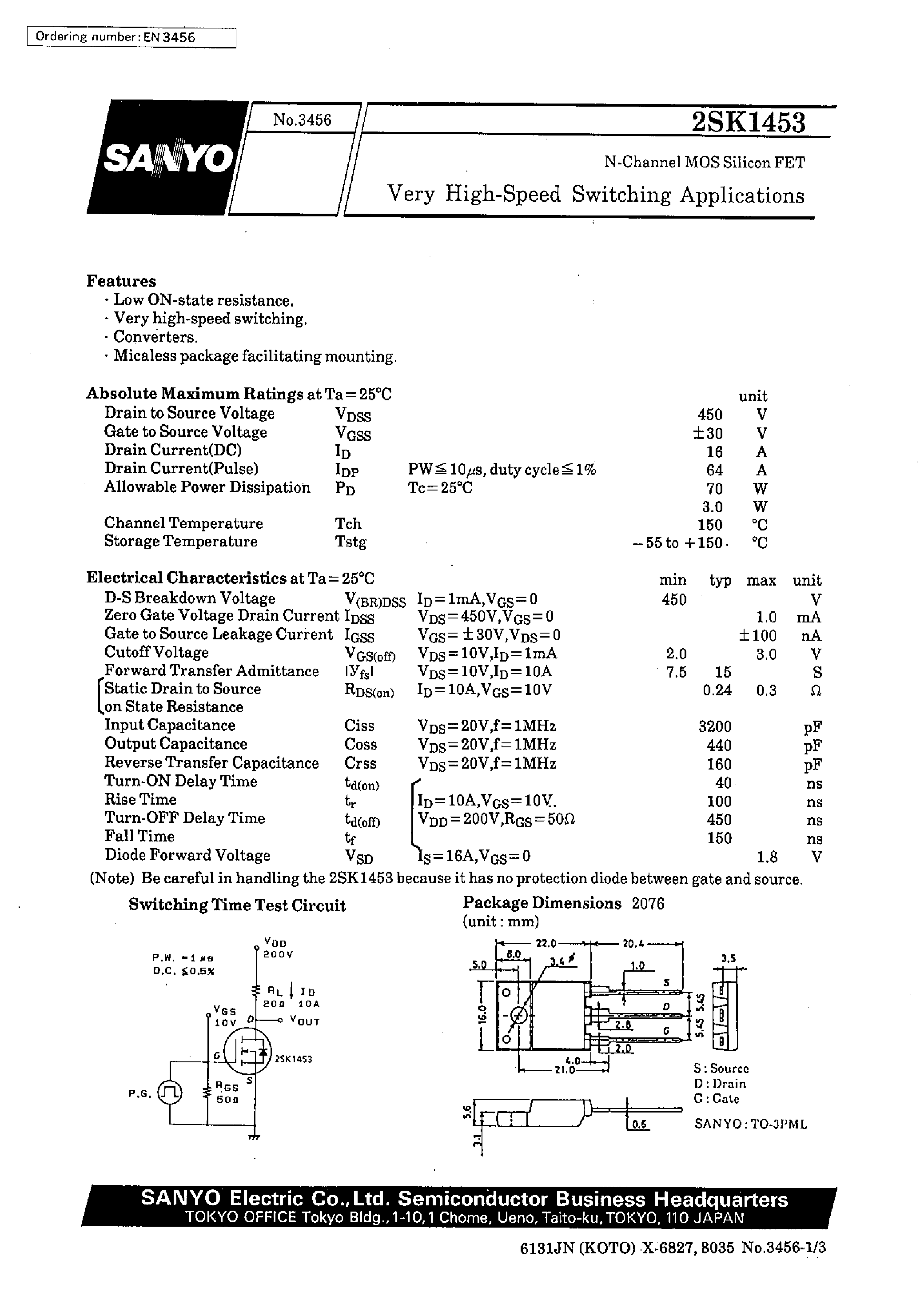 Даташит 2SK1453 - Very High-Speed Switching Applications страница 1