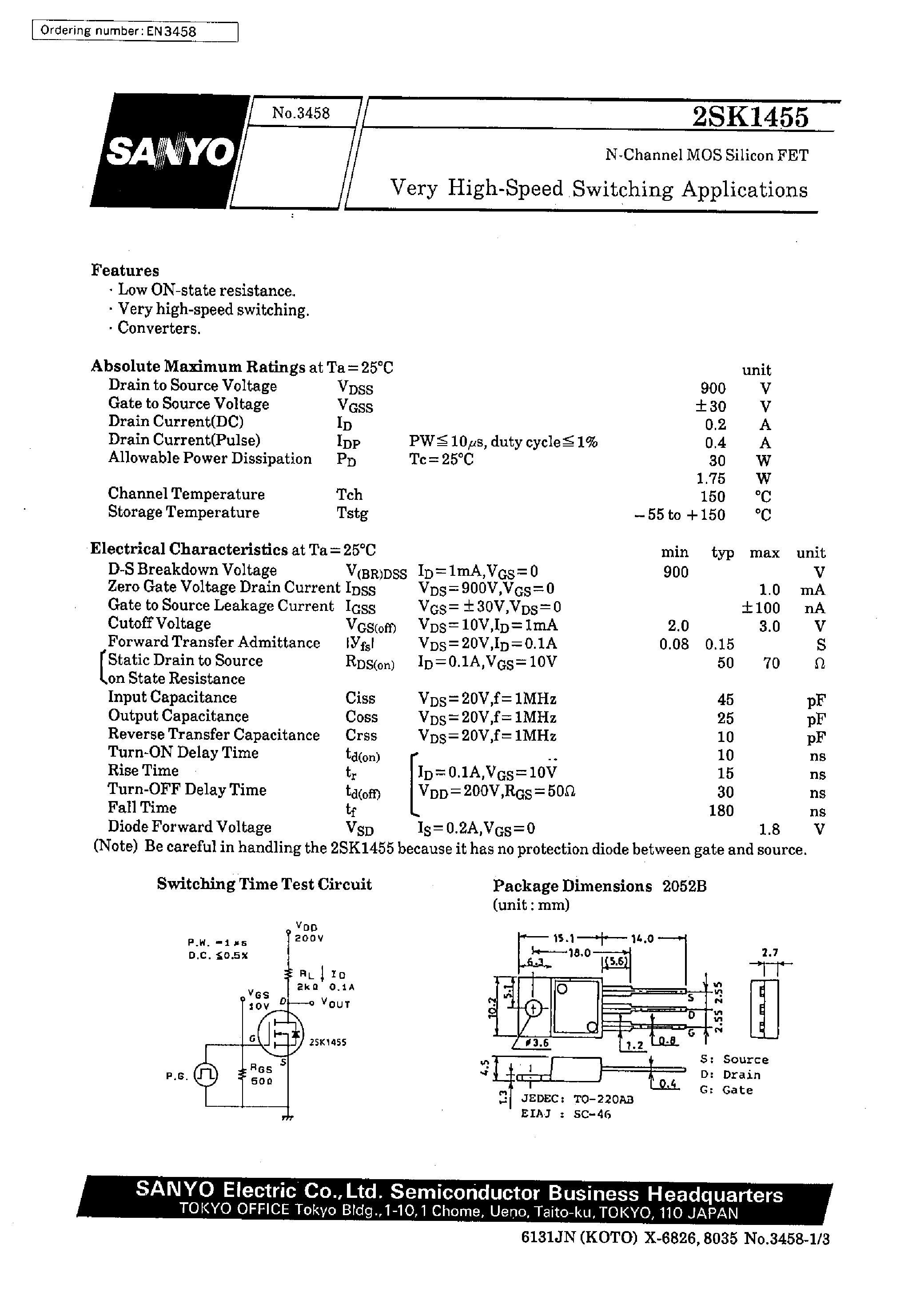 Даташит 2SK1455 - Very High-Speed Switching Applications страница 1