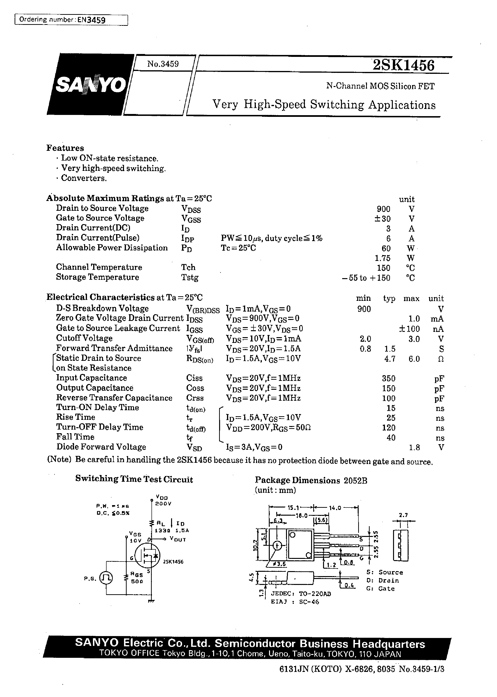 Даташит 2SK1456 - Very High-Speed Switching Applications страница 1