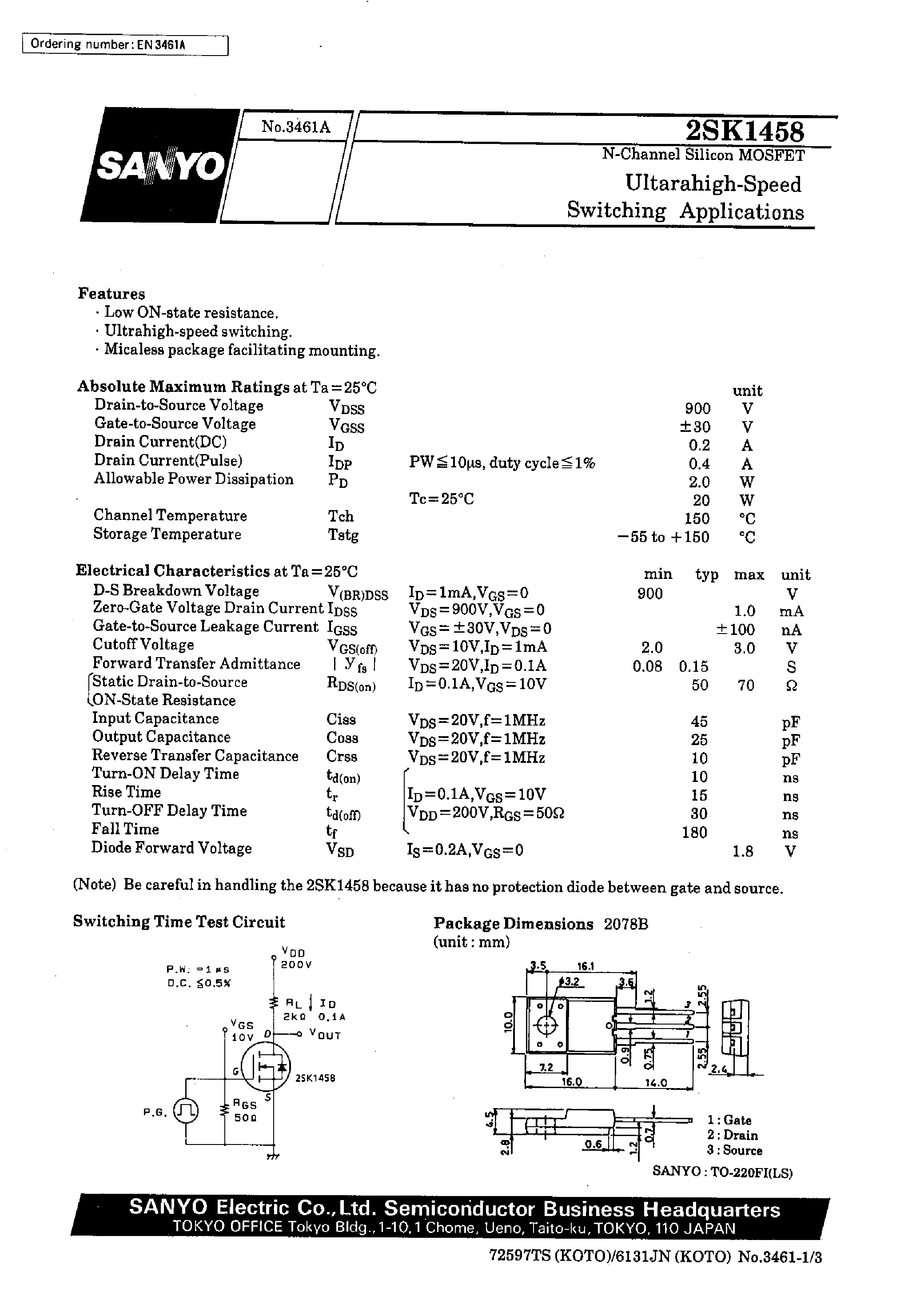 Даташит 2SK1458 - Ultrahigh-Speed Switching Applications страница 1