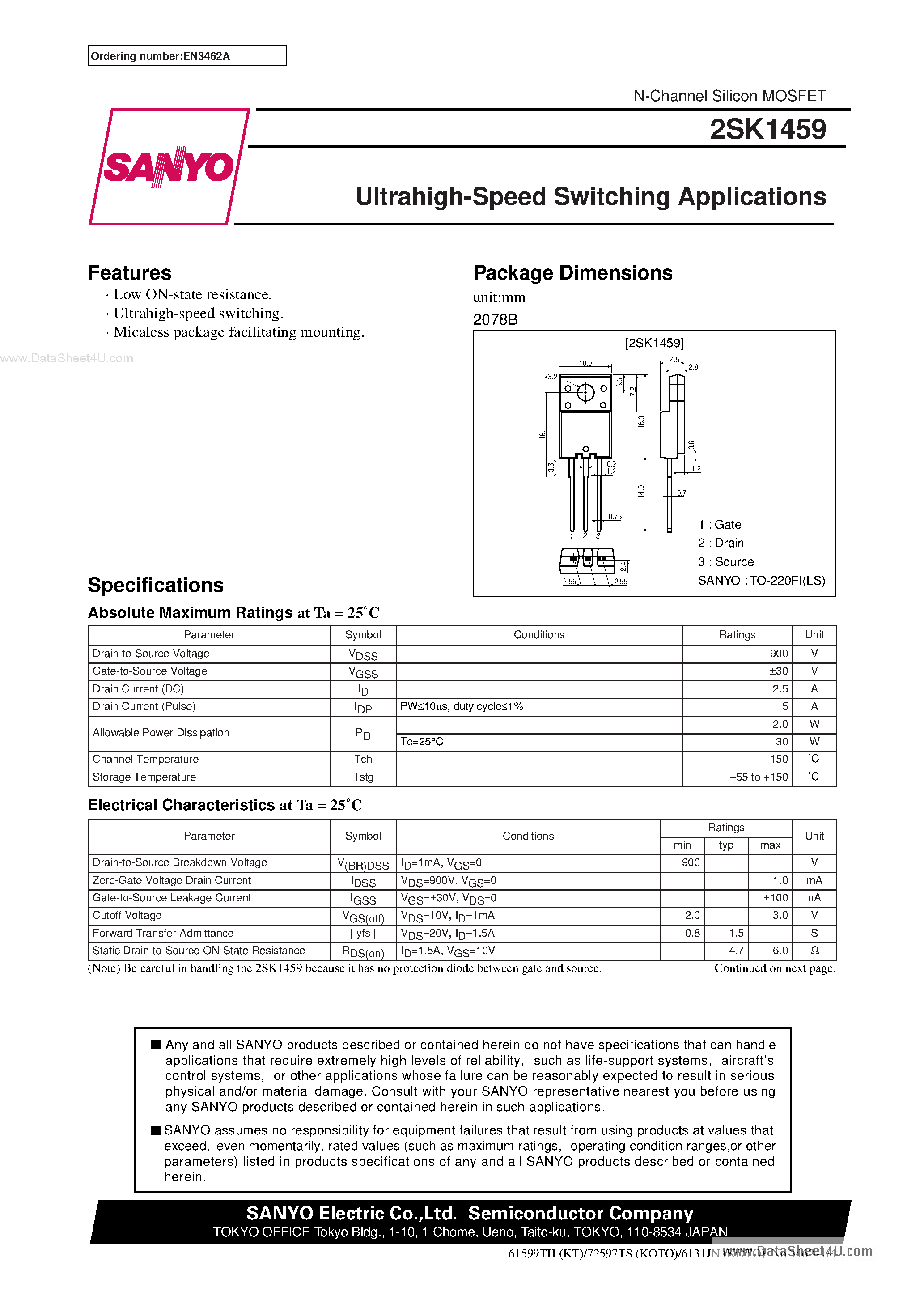 Даташит 2SK1459 - Ultrahigh-Speed Switching Applications страница 1
