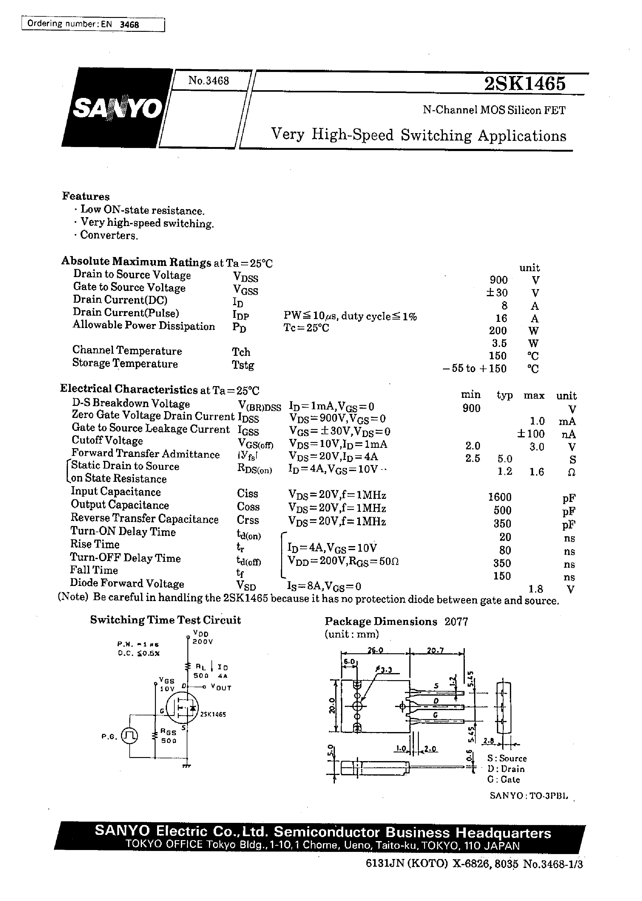 Даташит 2SK1465 - Very High-Speed Switching Applications страница 1
