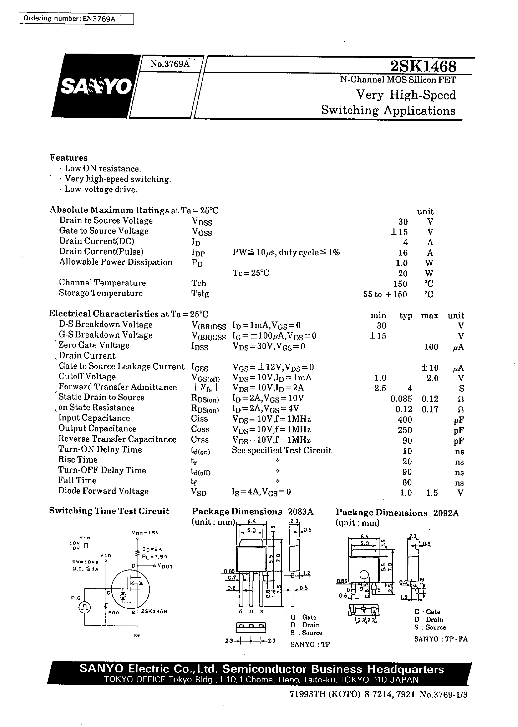 Даташит 2SK1468 - Very High-Speed Switching Applications страница 1