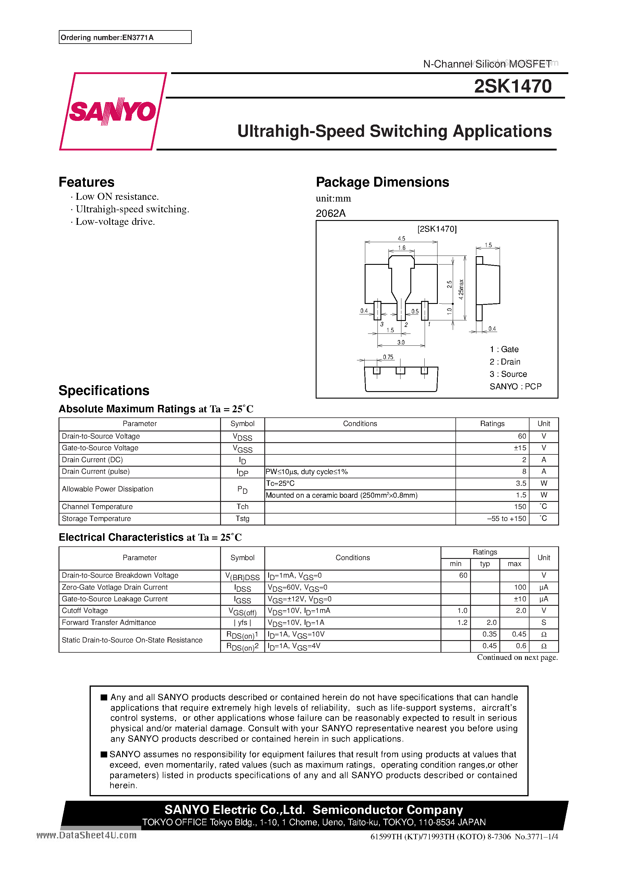 Даташит 2SK1470 - Very High-Speed Switching Applications страница 1