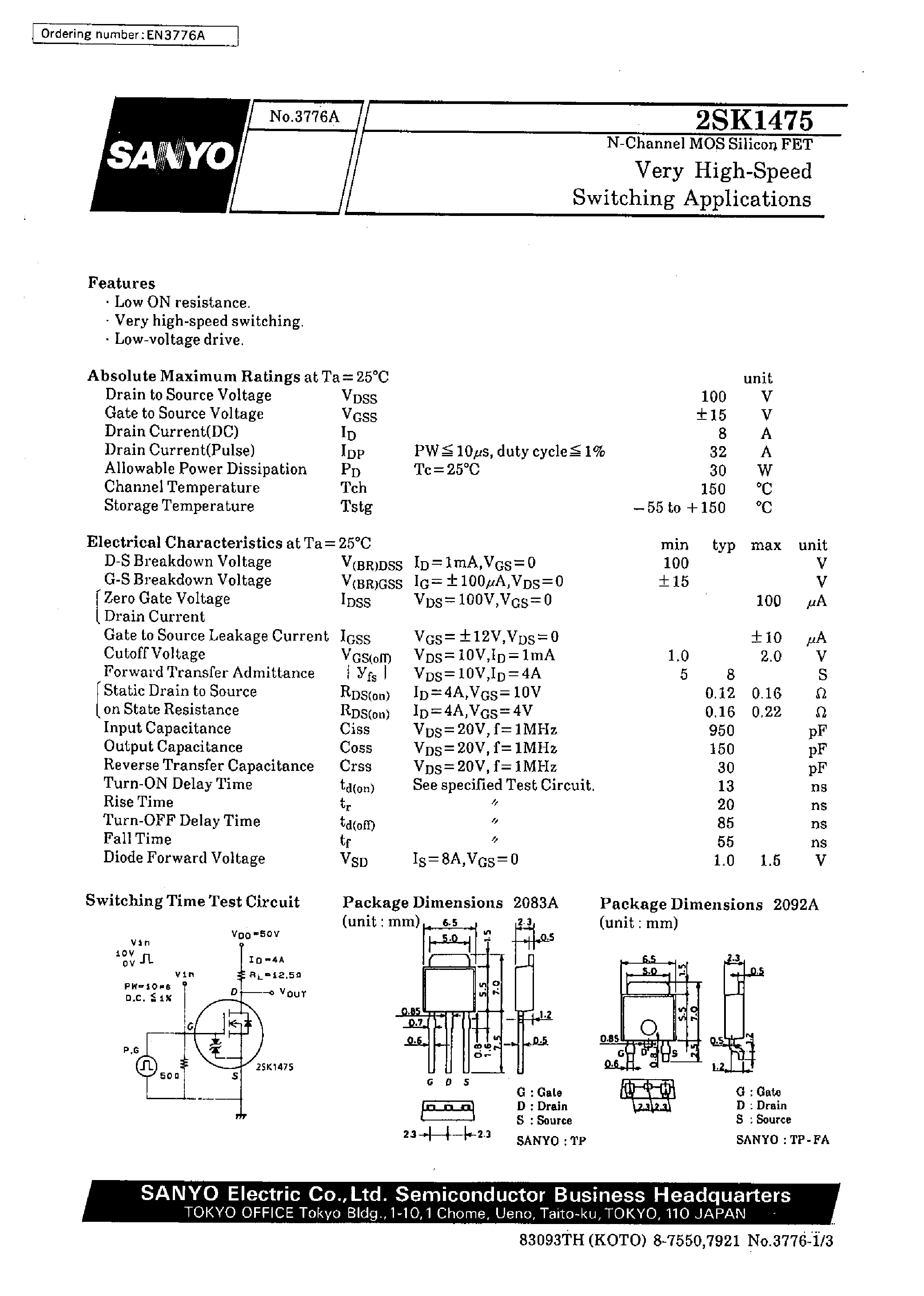 Даташит 2SK1475 - Very High-Speed Switching Applications страница 1