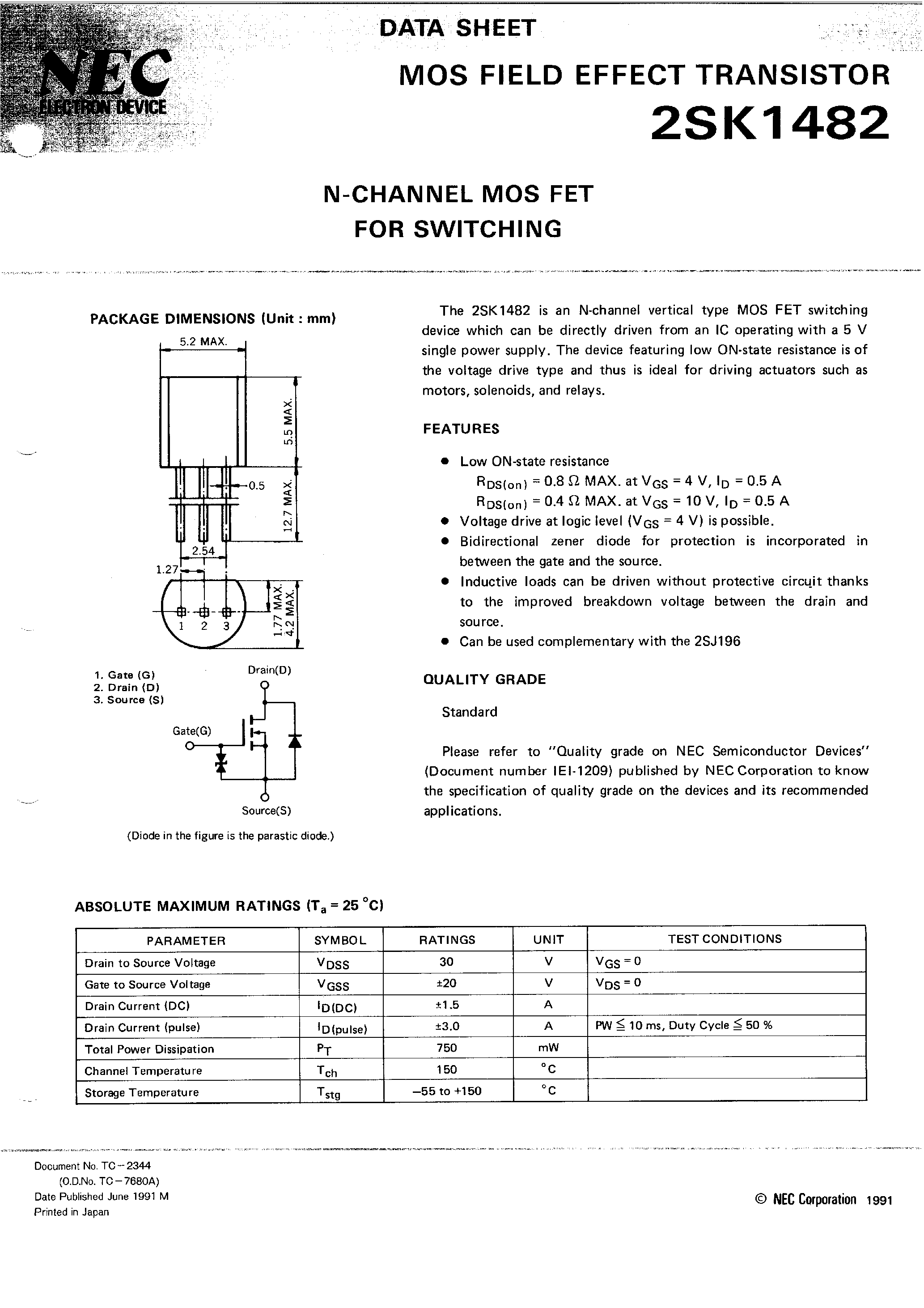 Даташит 2SK1482 - N-Channel MOS FET FOR Switching страница 1