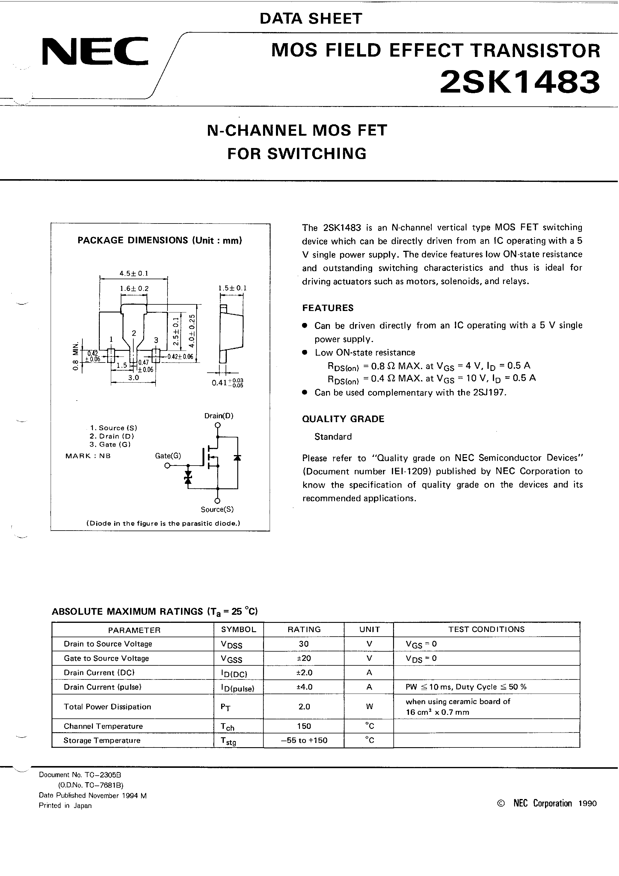 Даташит 2SK1483 - N-CHANNEL MOS FET FOR SWITCHING страница 1