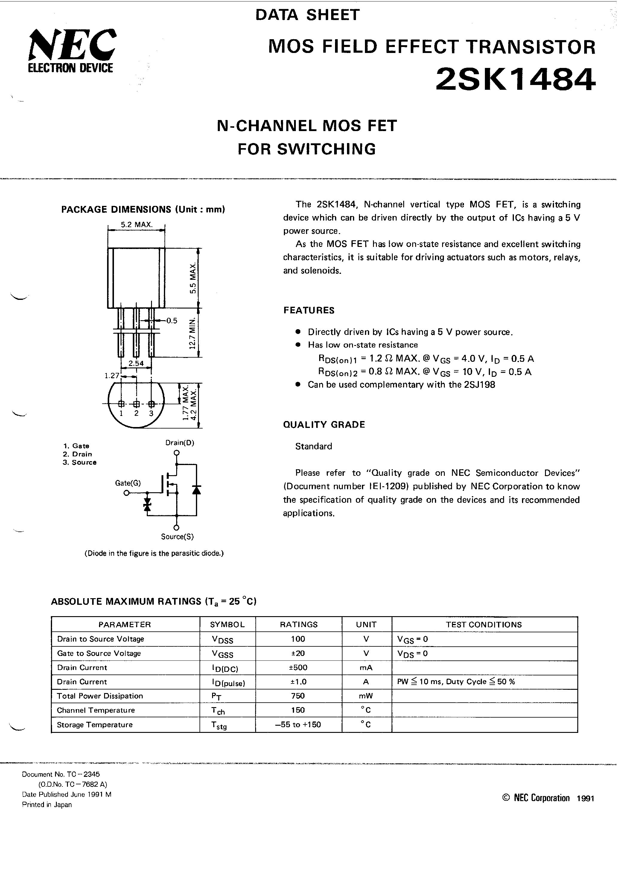 Даташит 2SK1484 - N-CHANNEL MOS FET FOR SWITCHING страница 1
