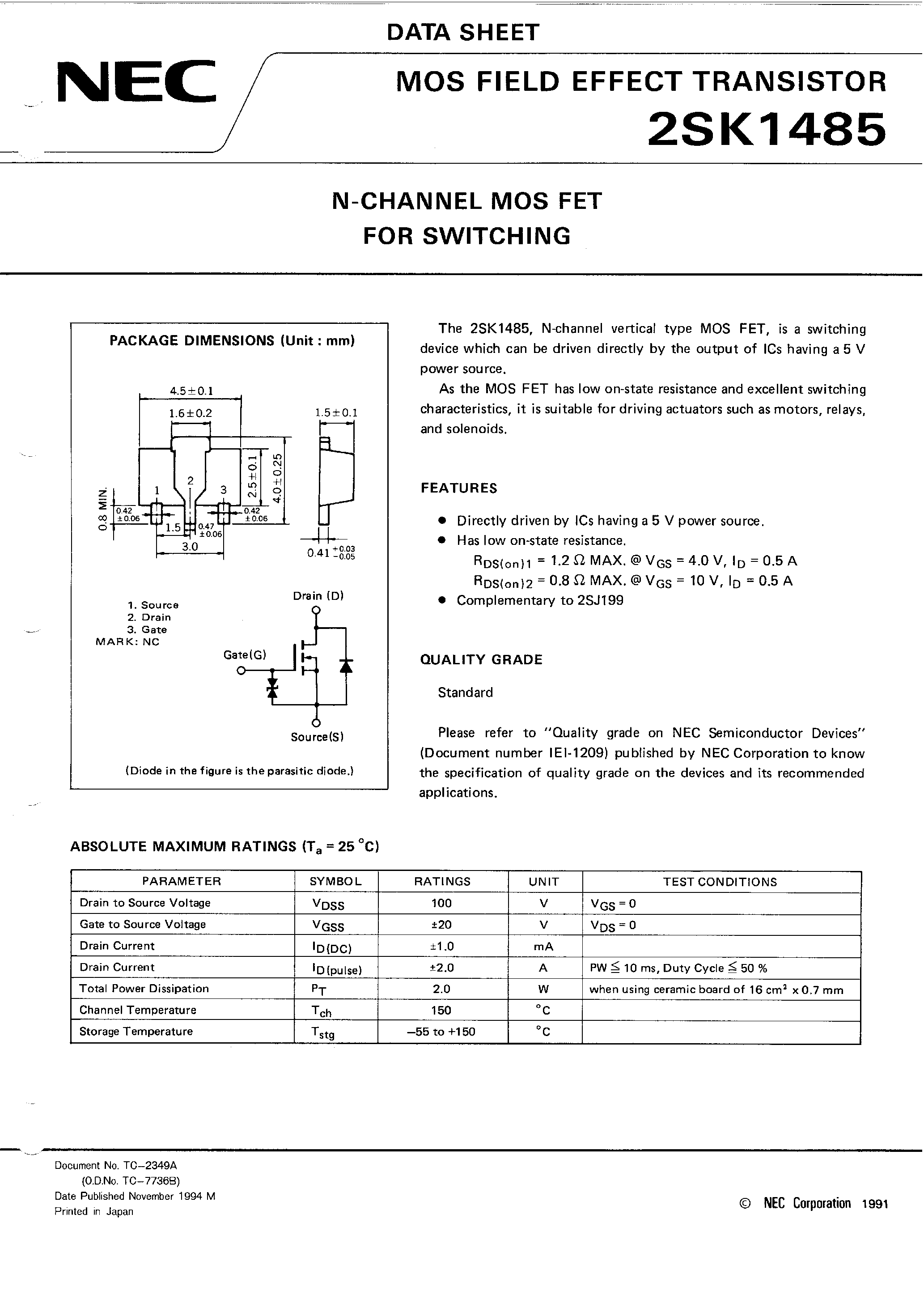 Даташит 2SK1485 - N-CHANNEL MOS FET FOR SWITCHING страница 1
