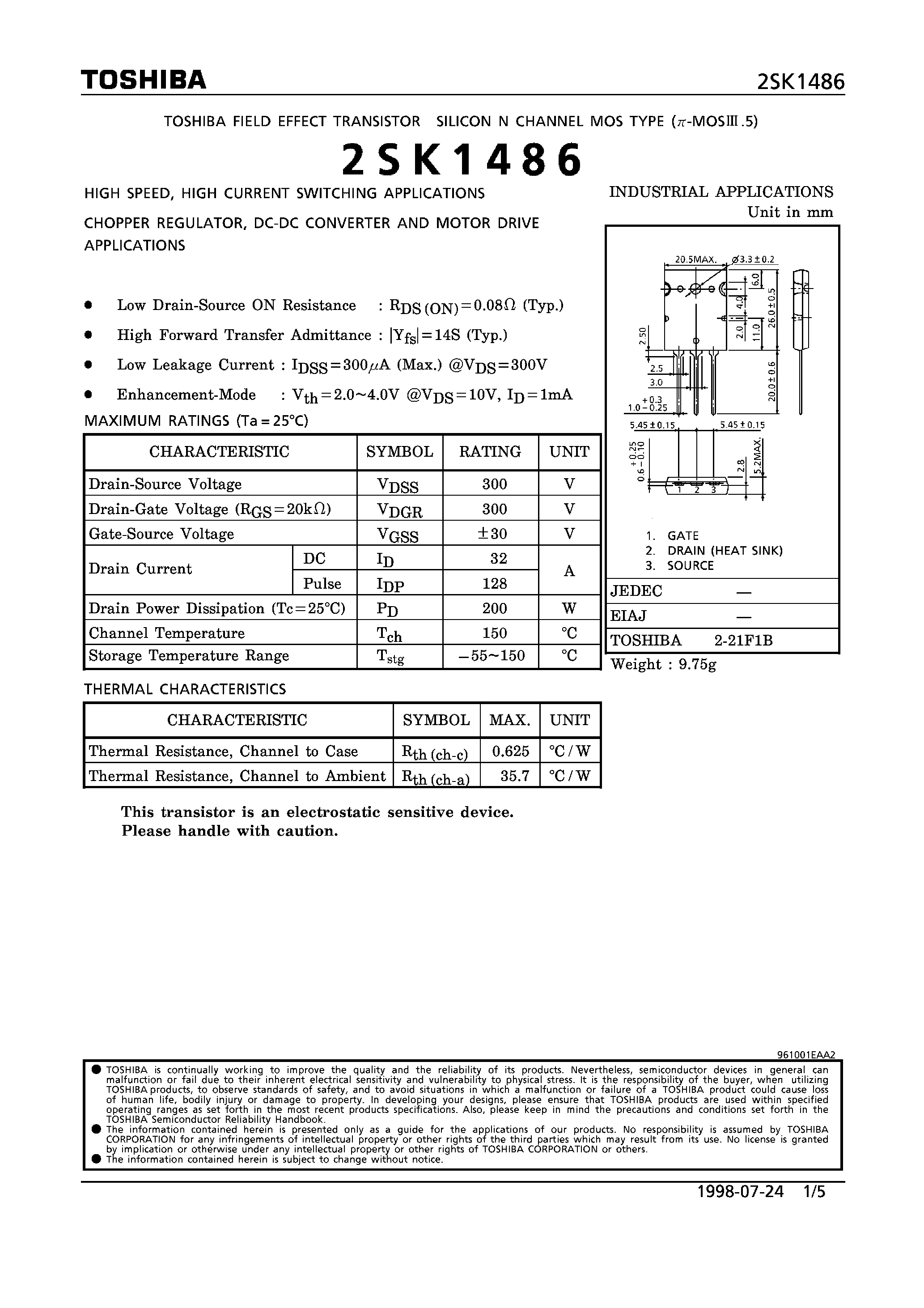 Даташит 2SK1486 - N CHANNEL MOS TYPE (HIGH SPEED/ HIGH CURRENT SWITCHING/ CHOPPER REGULATOR/ DC-DC CONVERTER AND MOTOR DRIVE APPLICATIONS) страница 1