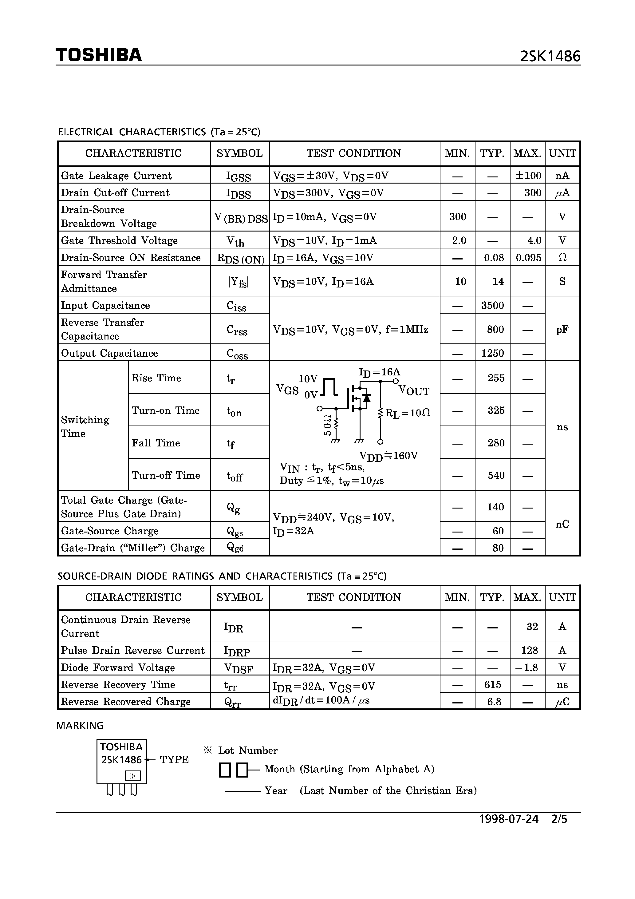 Даташит 2SK1486 - N CHANNEL MOS TYPE (HIGH SPEED/ HIGH CURRENT SWITCHING/ CHOPPER REGULATOR/ DC-DC CONVERTER AND MOTOR DRIVE APPLICATIONS) страница 2