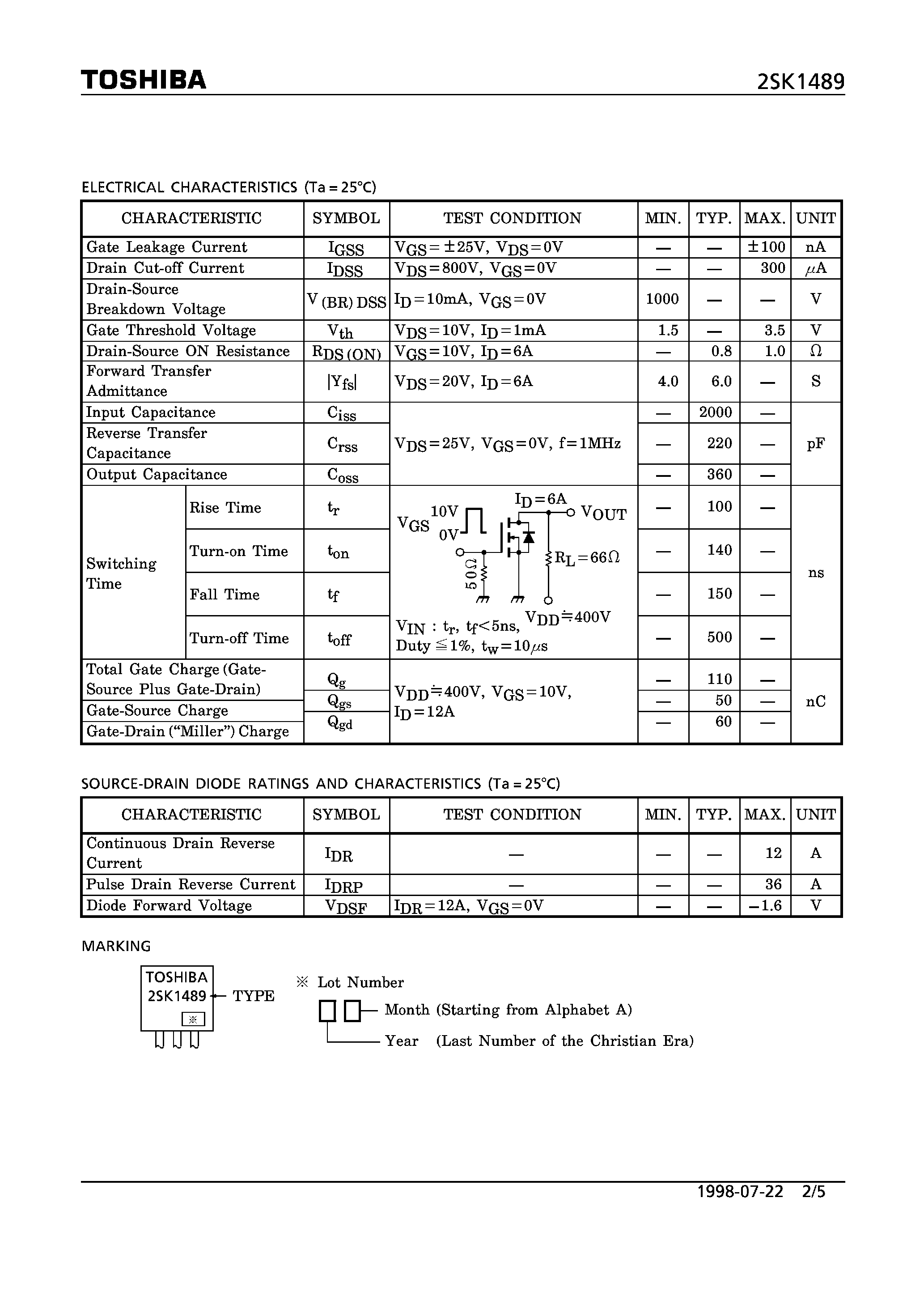 Даташит 2SK1489 - N CHANNEL MOS TYPE (CHOPPER REGULATOR/ HIGH SPEED/ HIGH CURRENT SWITCHING APPLICATIONS) страница 2