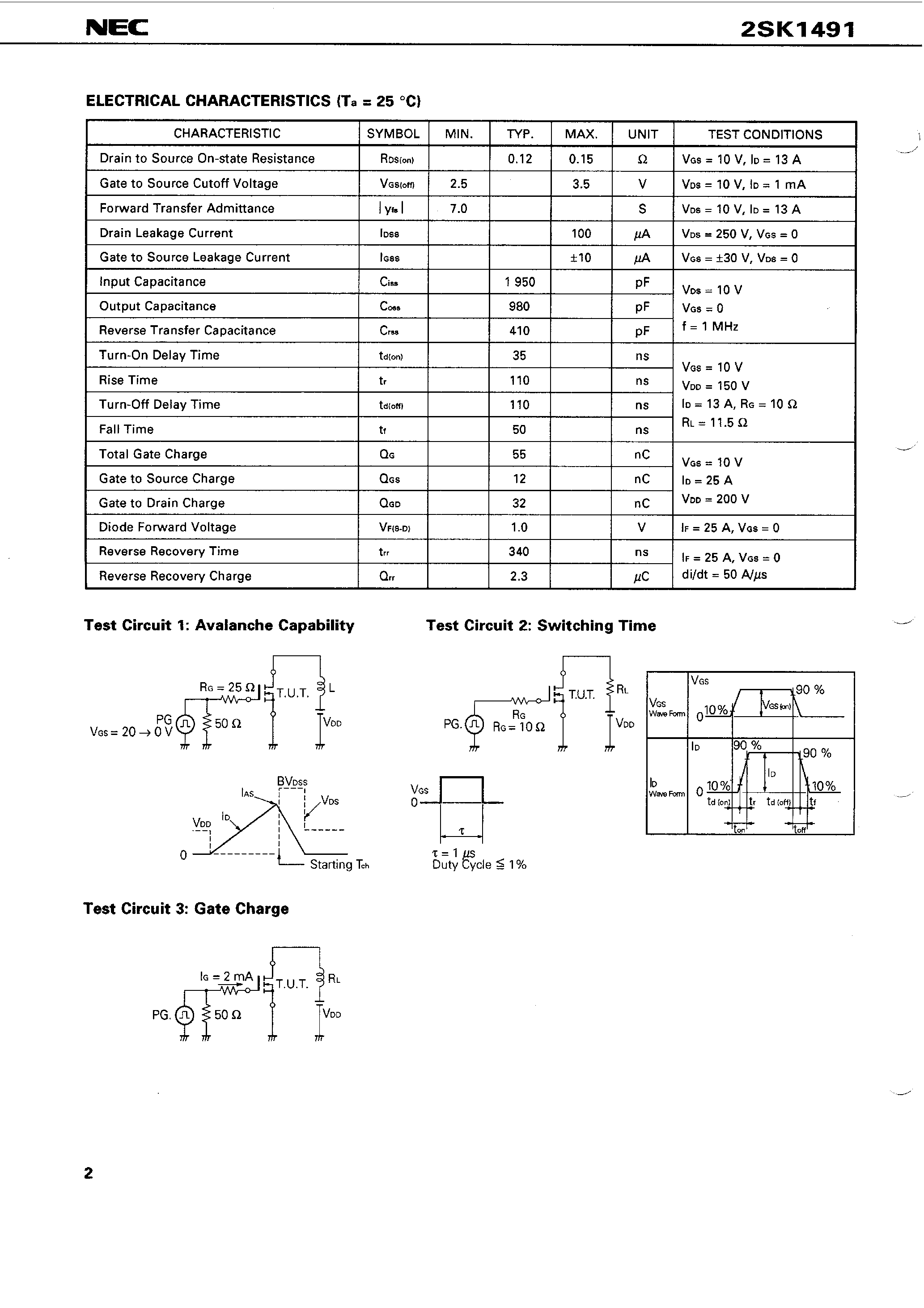Даташит 2SK1491 - SWITCHING N-CHANNEL POWER MOS FET INDUSTRIAL USE страница 2