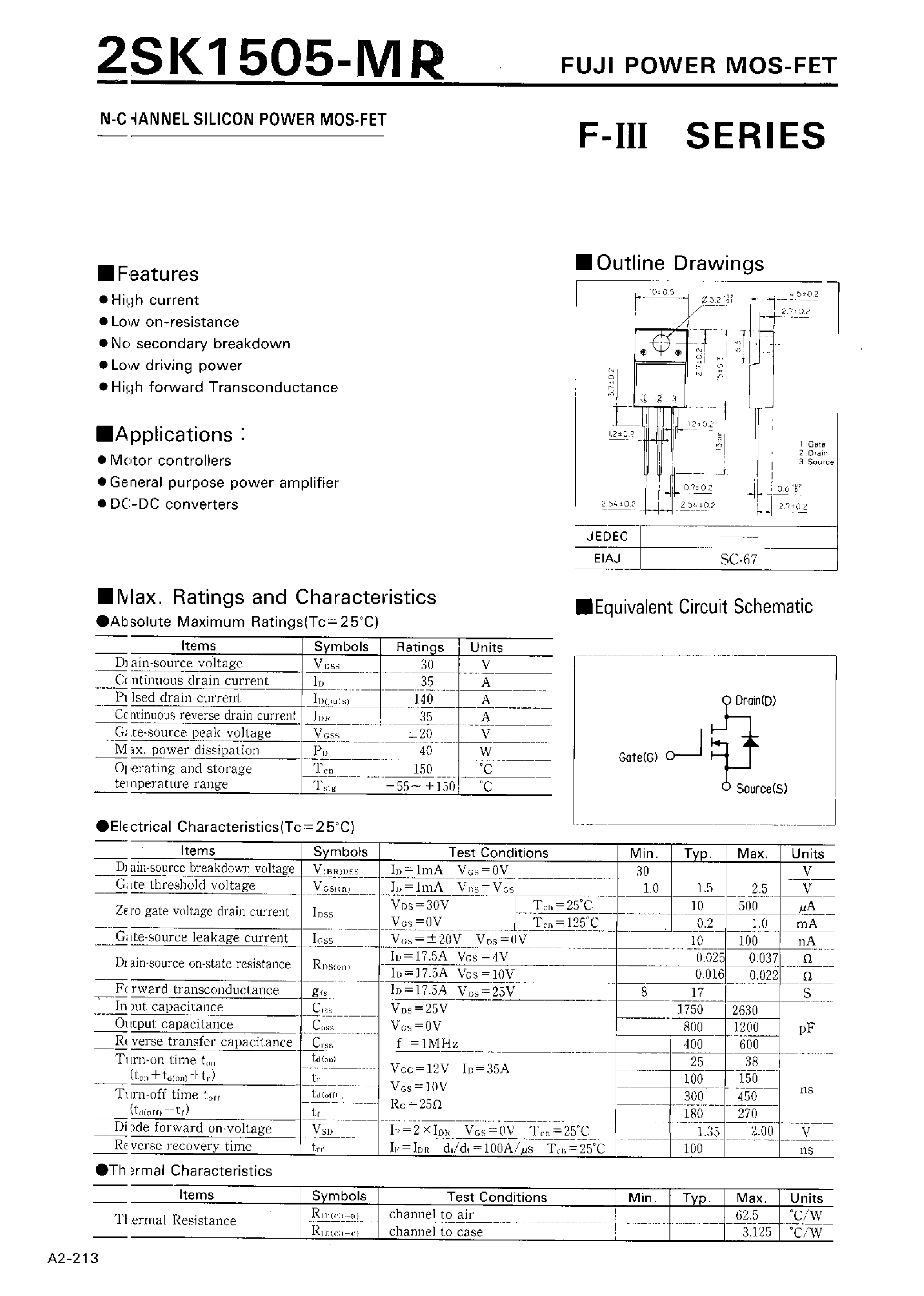 Даташит 2SK1505-MR - N-CHANNEL SILICON POWER MOSFET страница 1