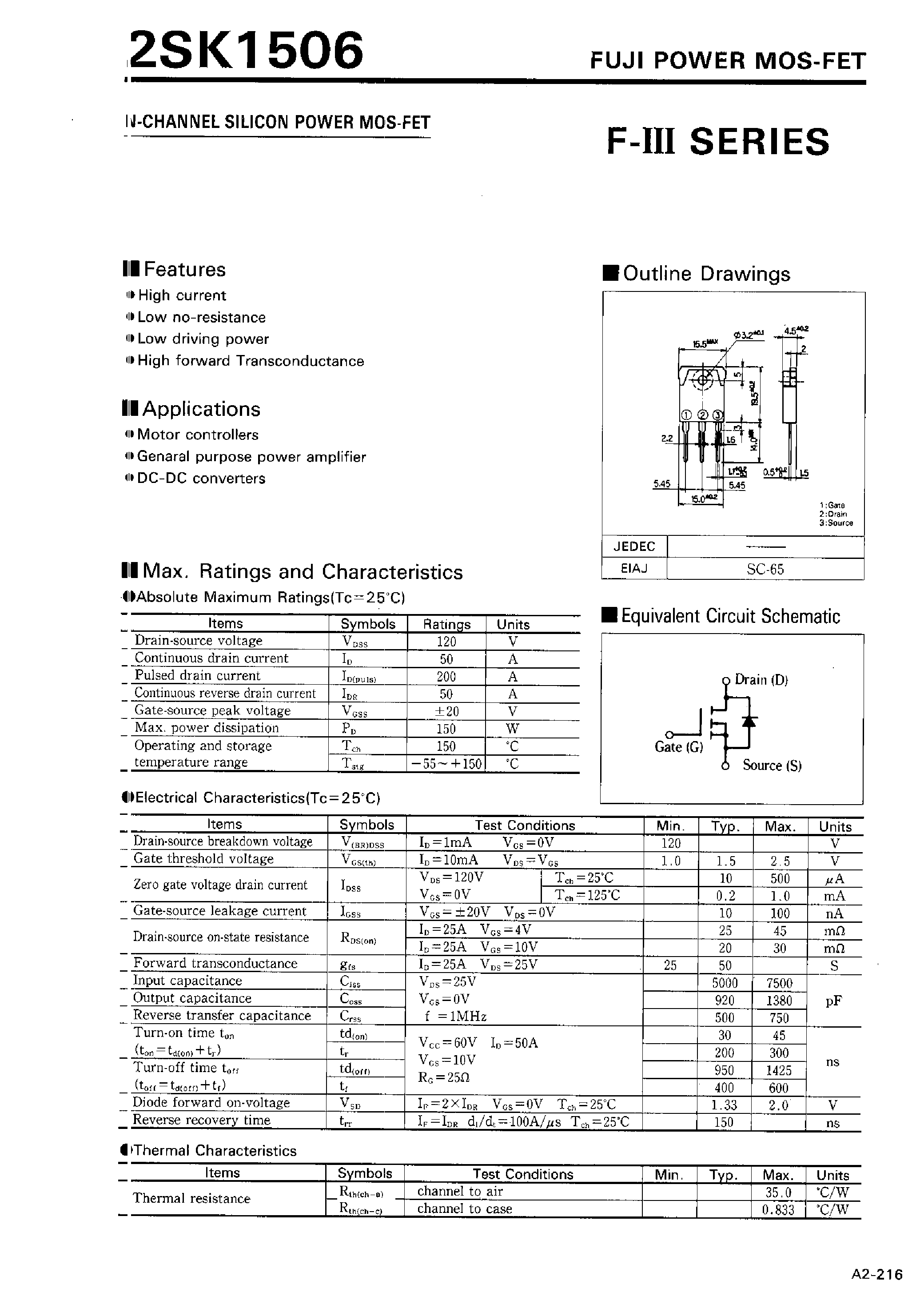 Даташит 2SK1506 - N-CHANNEL SILICON POWER MOSFET страница 1