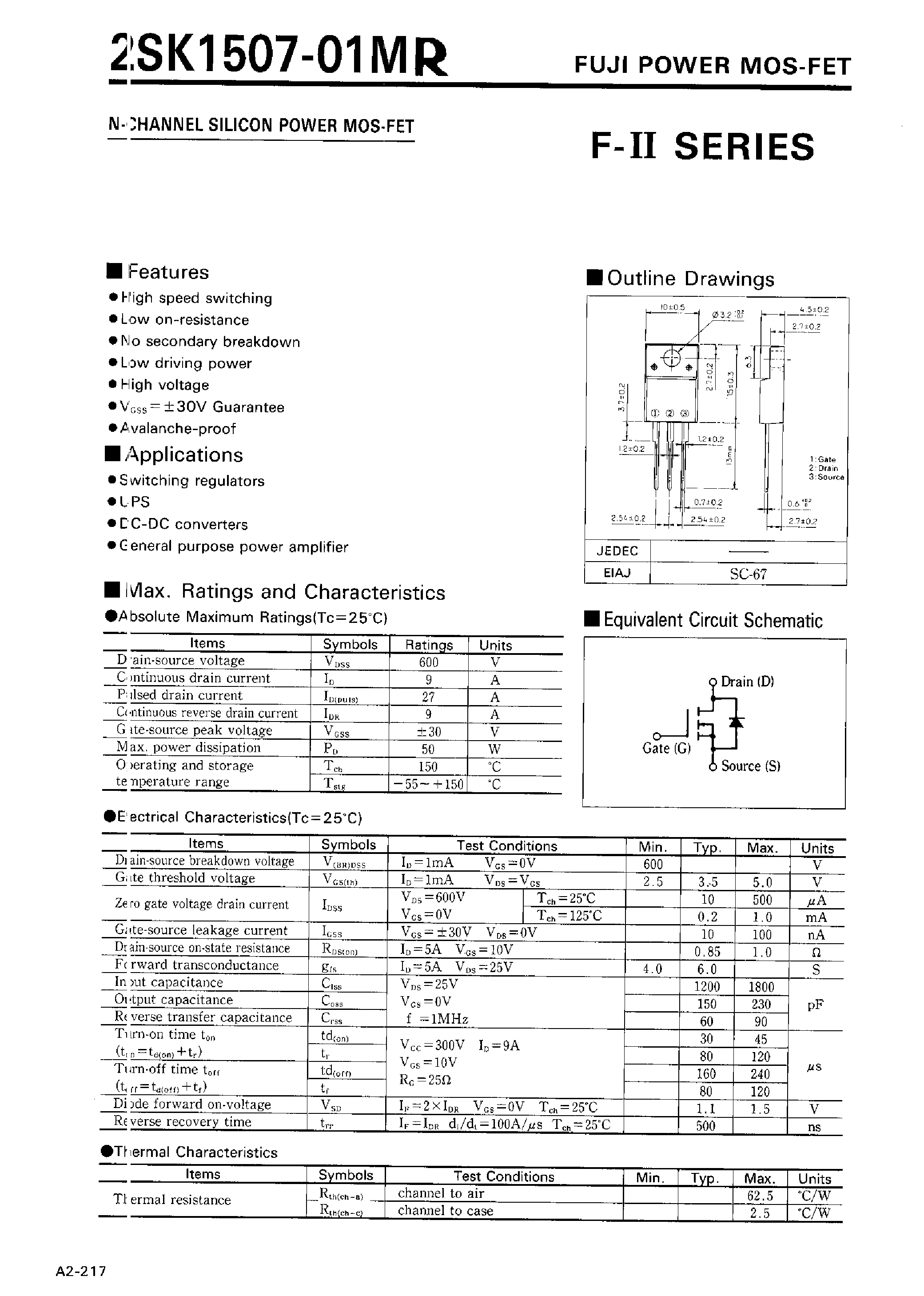 Даташит на микросхему 2SK1507 страница 1 Даташит 2SK1507 - N-Channel Silicon Power Mos-fet(F-II Series) страница 1