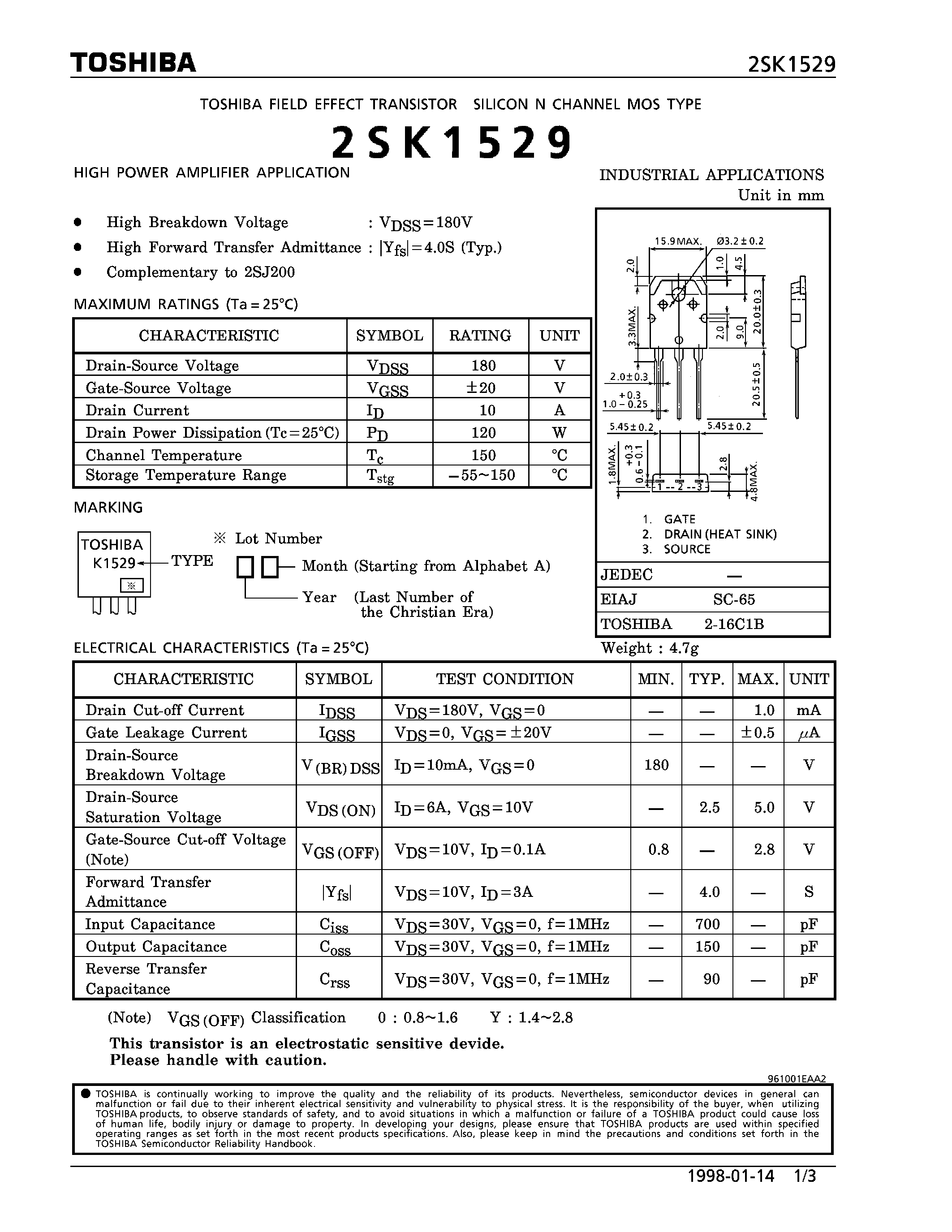 Даташит 2SK1529 - N CHANNEL MOS TYPE (HIGH POWER AMPLIFIER APPLICATIONS) страница 1
