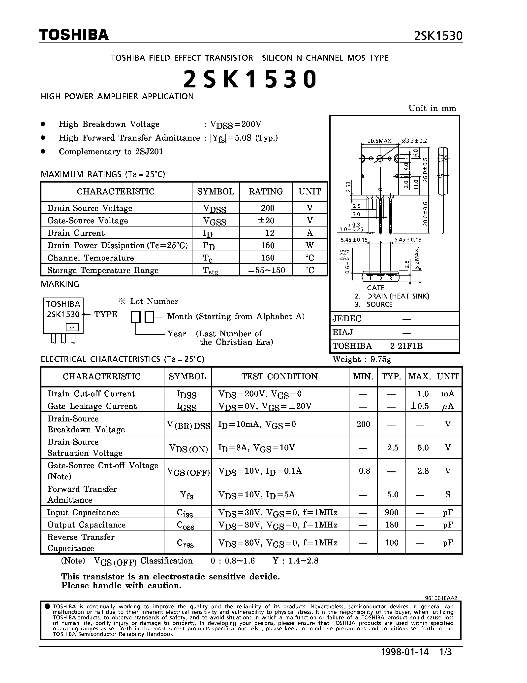 Даташит 2SK1530 - N CHANNEL MOS TYPE (HIGH POWER AMPLIFIER APPLICATION) страница 1