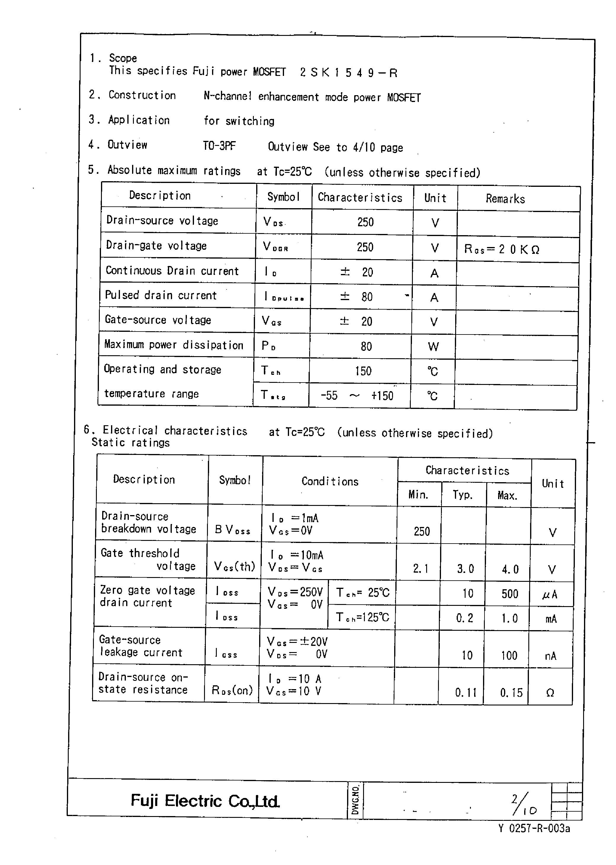 Даташит 2SK1549 - Power MOSFET страница 2