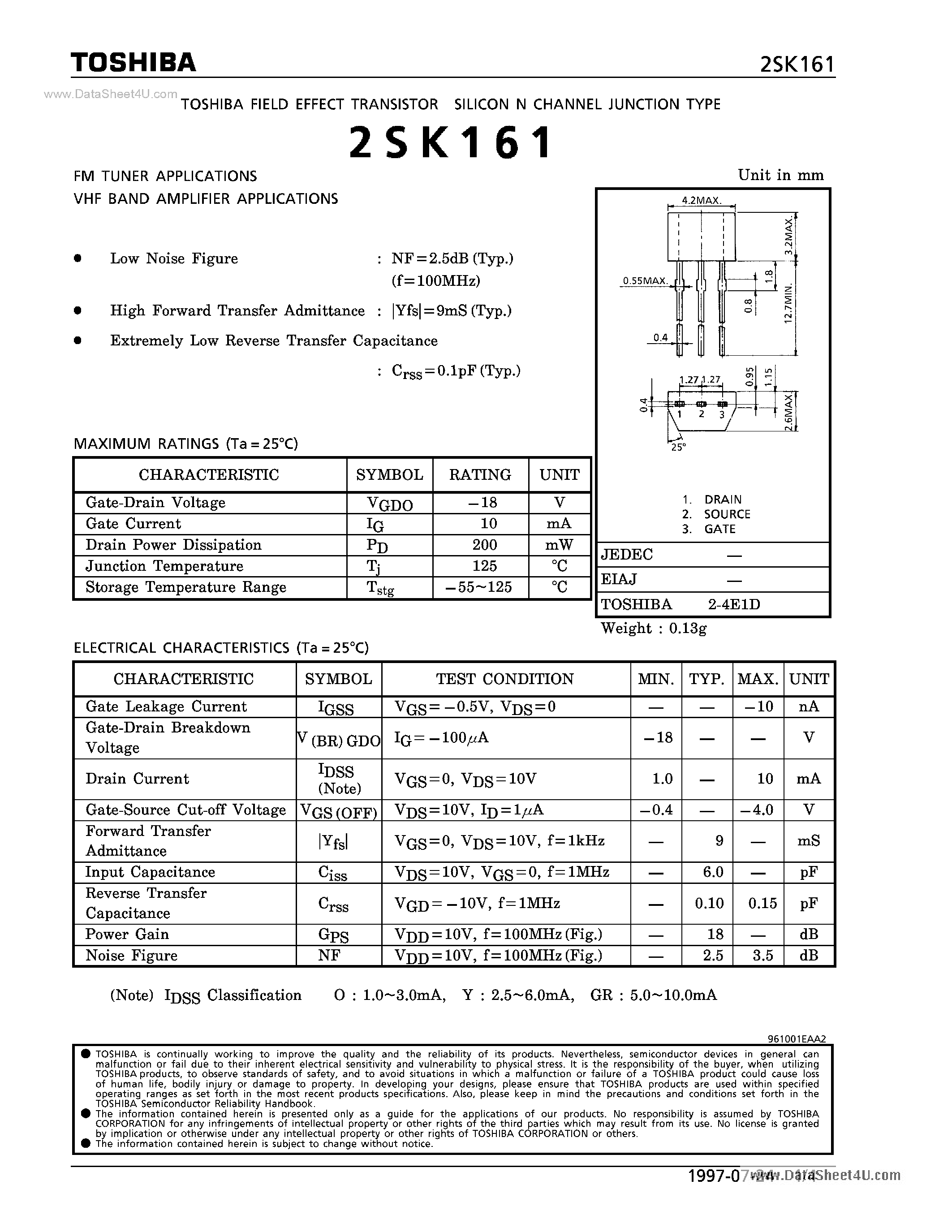 Даташит 2SK161 - N CHANNEL JUNCTION TYPE (FM TUNER/ VHF BAND AMPLIFIER APPLICATIONS) страница 1