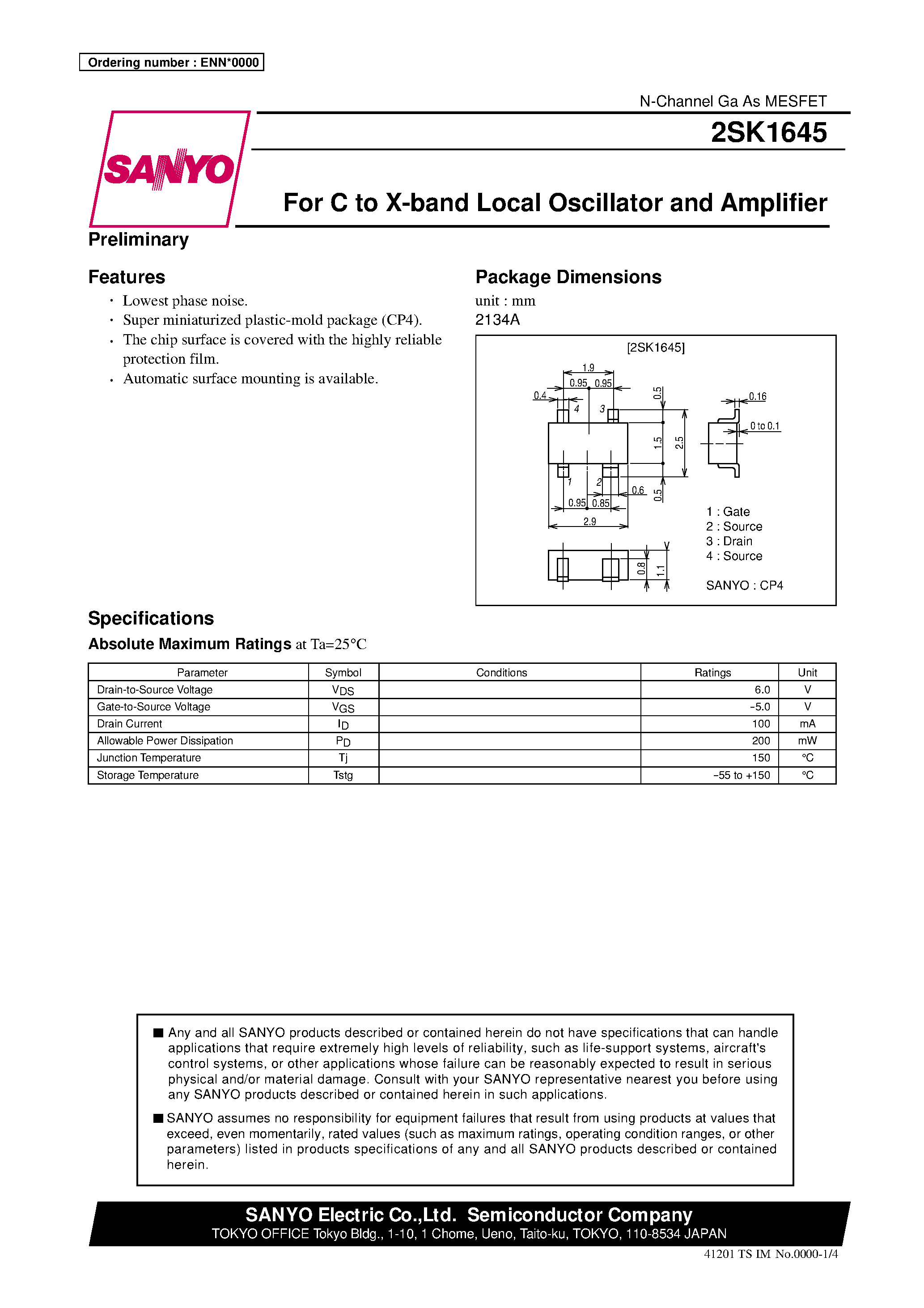 Даташит 2SK1645 - For C to X-band Local Oscillator and Amplifier страница 1