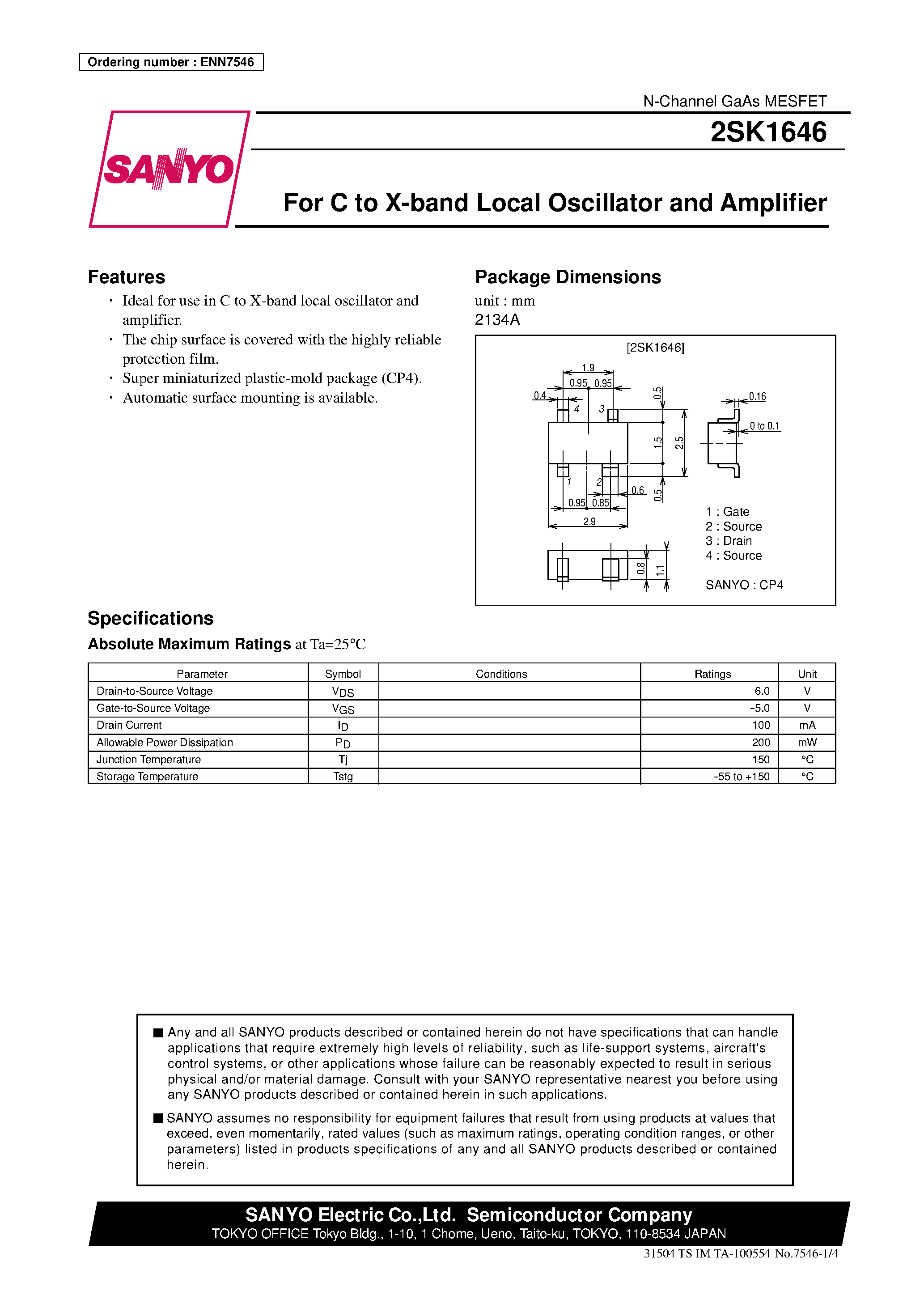 Даташит 2SK1646 - For C to X-band Local Oscillator and Amplifier страница 1