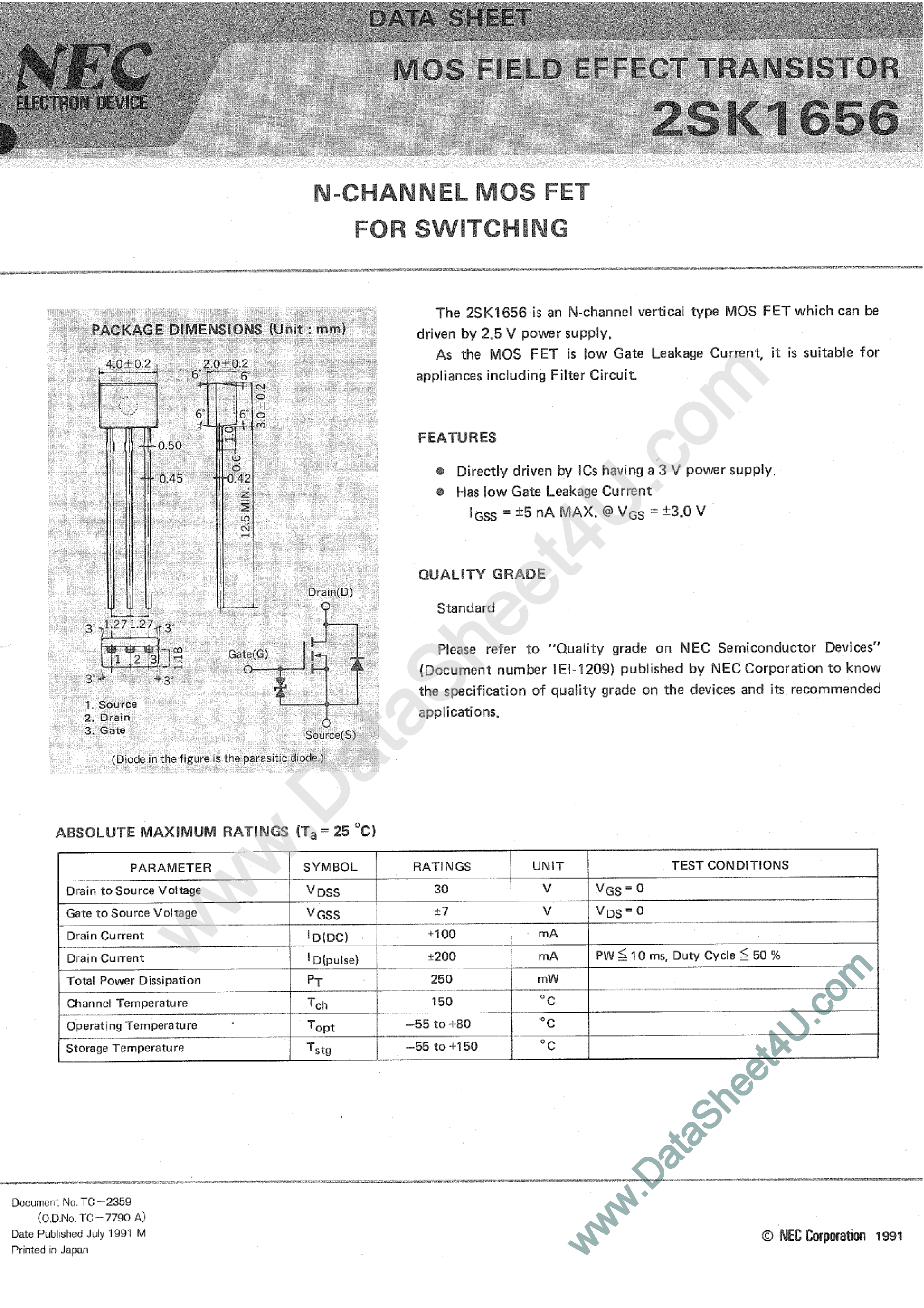 Даташит 2SK1656 - N-CHANNEL MOS FET FOR SWITCHING страница 1