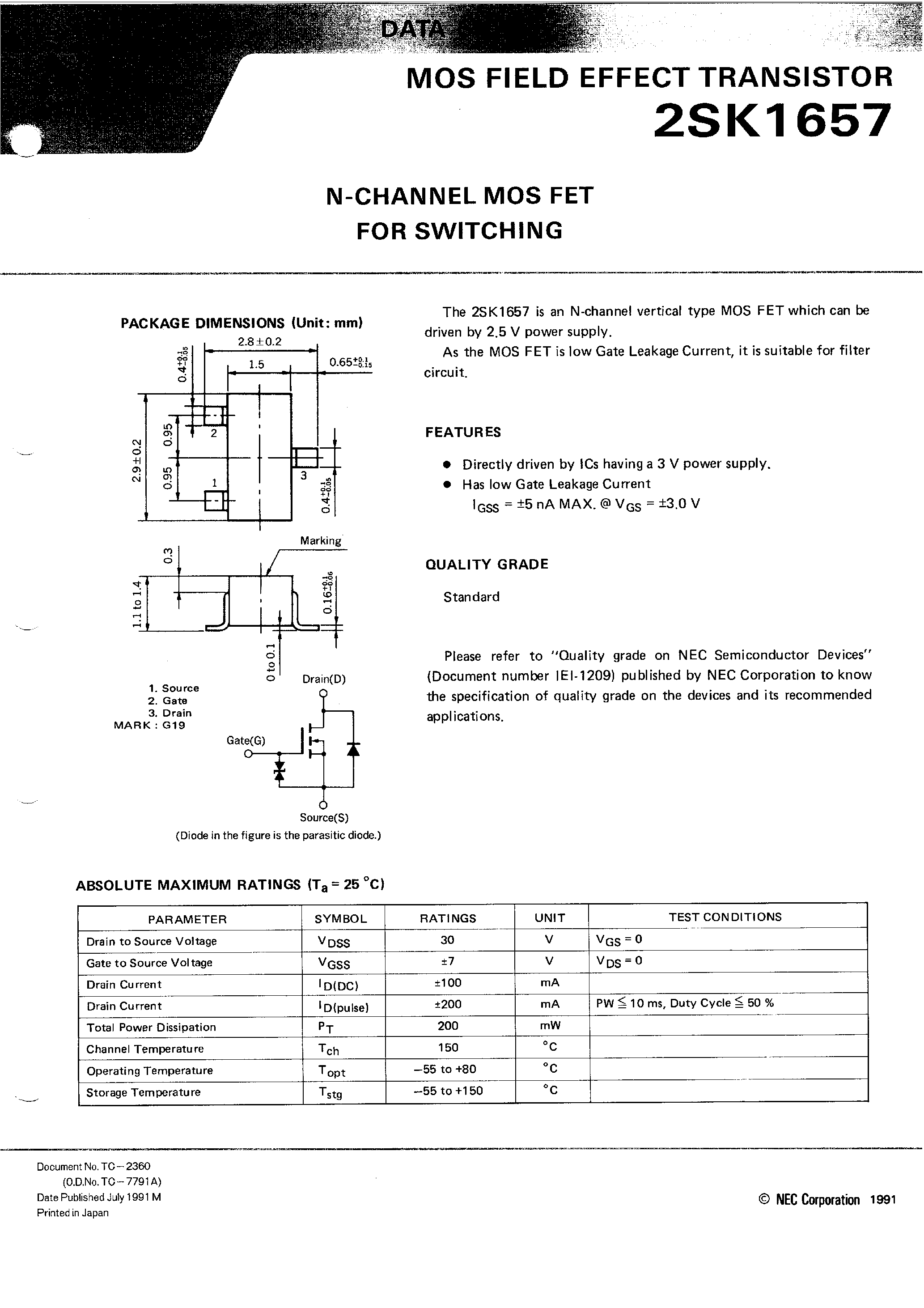 Даташит 2SK1657 - N-CHANNEL MOS FET FOR SWITCHING страница 1