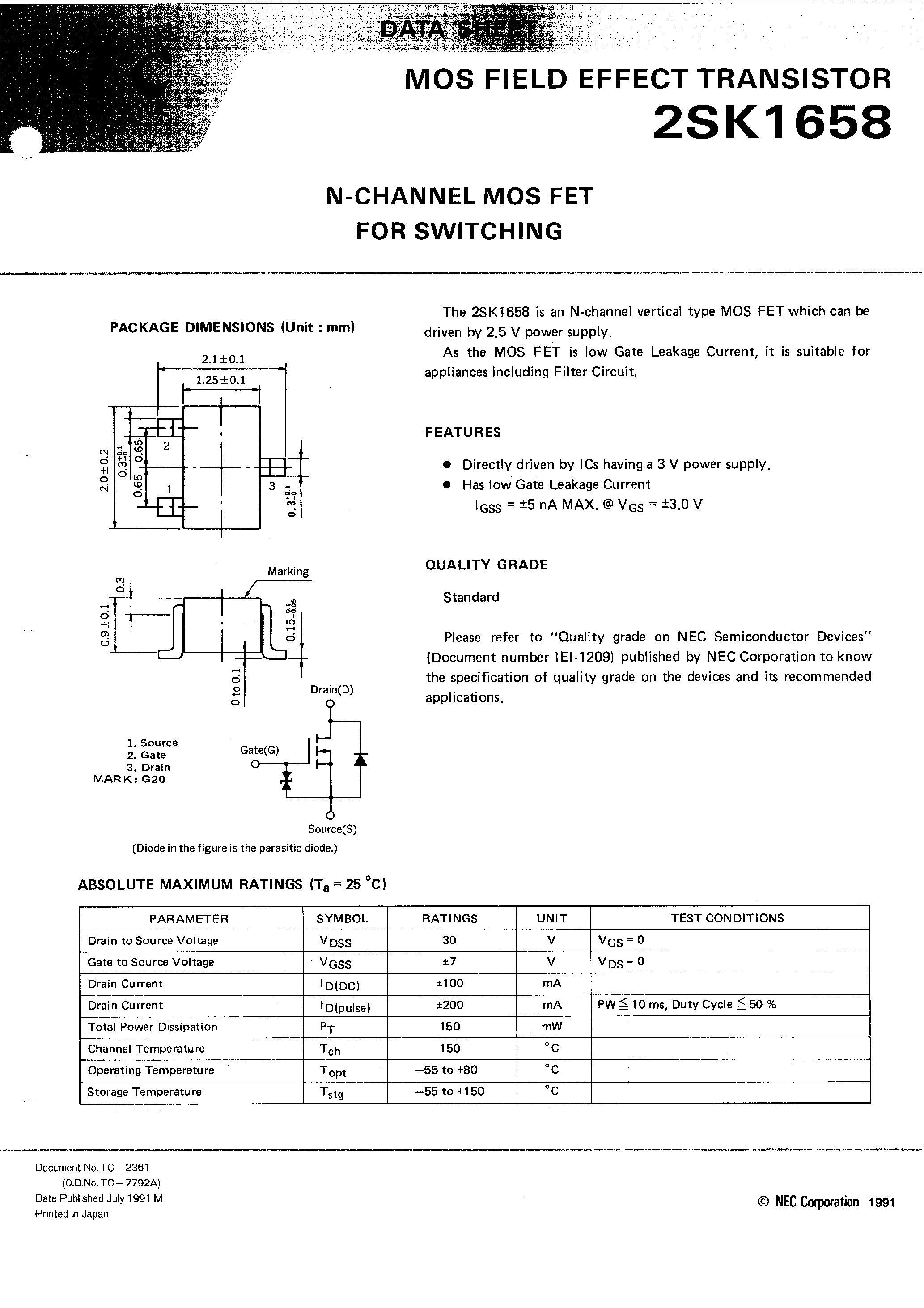 Даташит 2SK1658 - N-CHANNEL MOS FET FOR SWITCHING страница 1