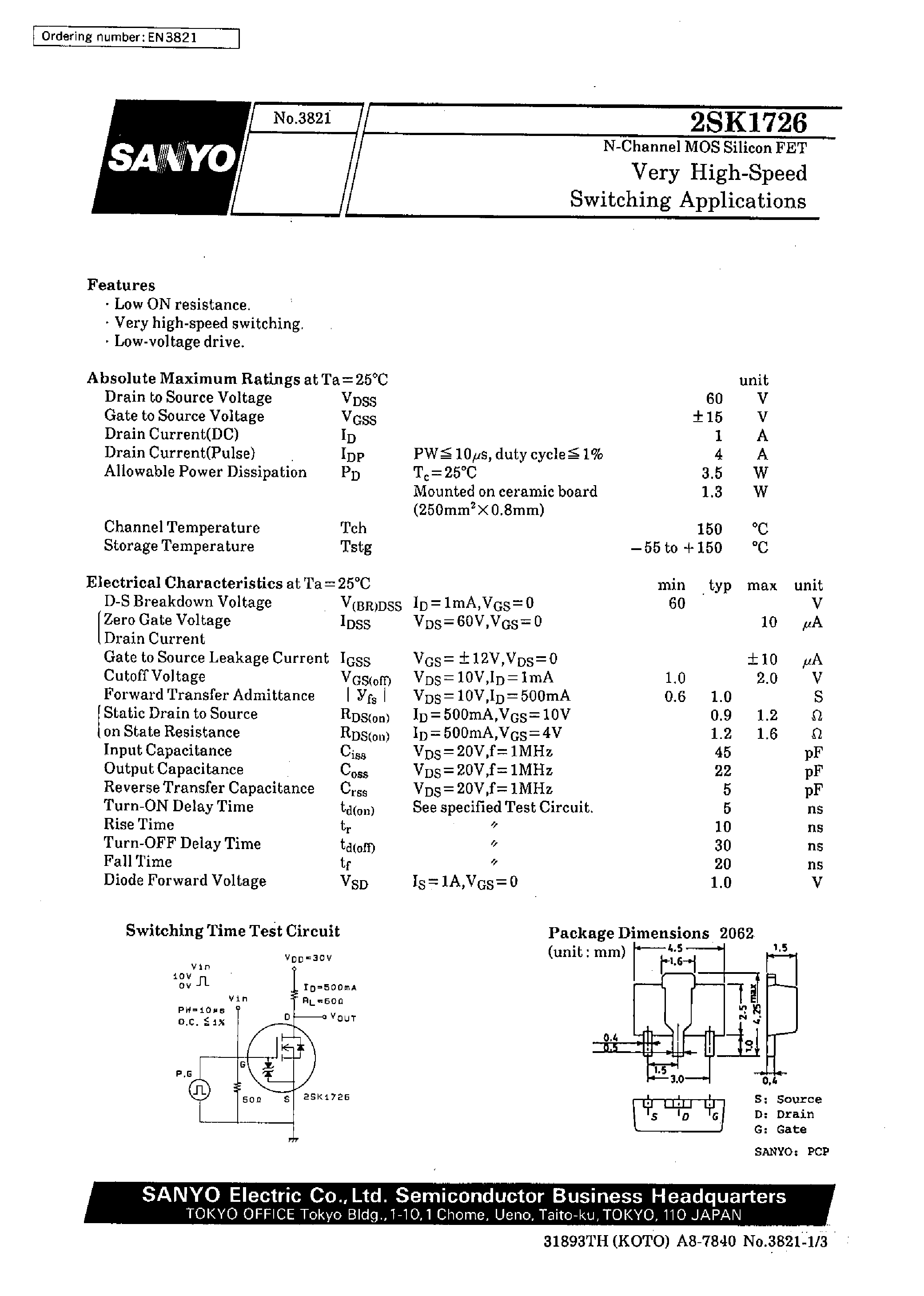 Даташит 2SK1726 - Very High-Speed Switching Applications страница 1