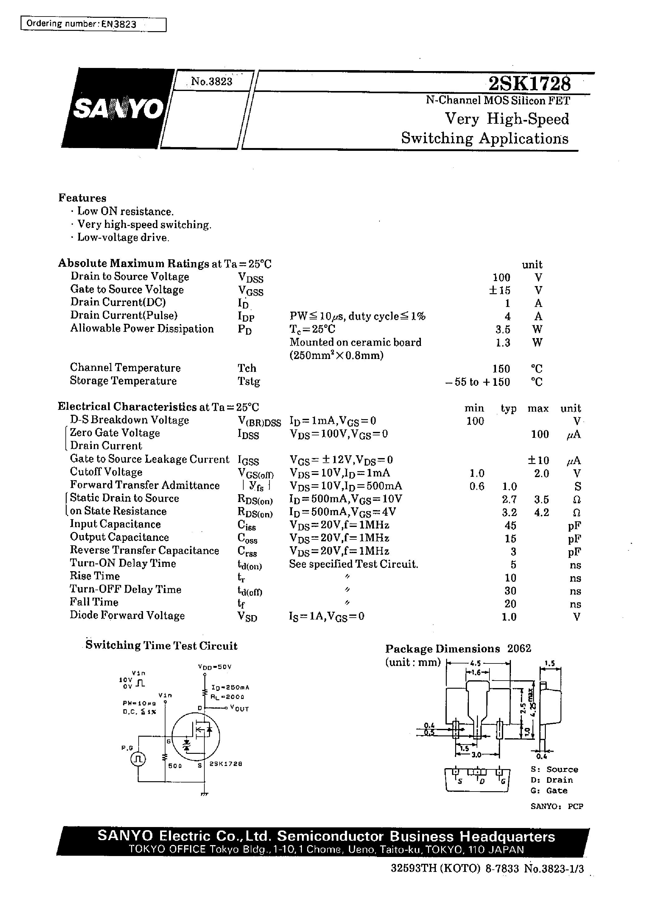 Даташит 2SK1728 - Very High-Speed Switching Applications страница 1