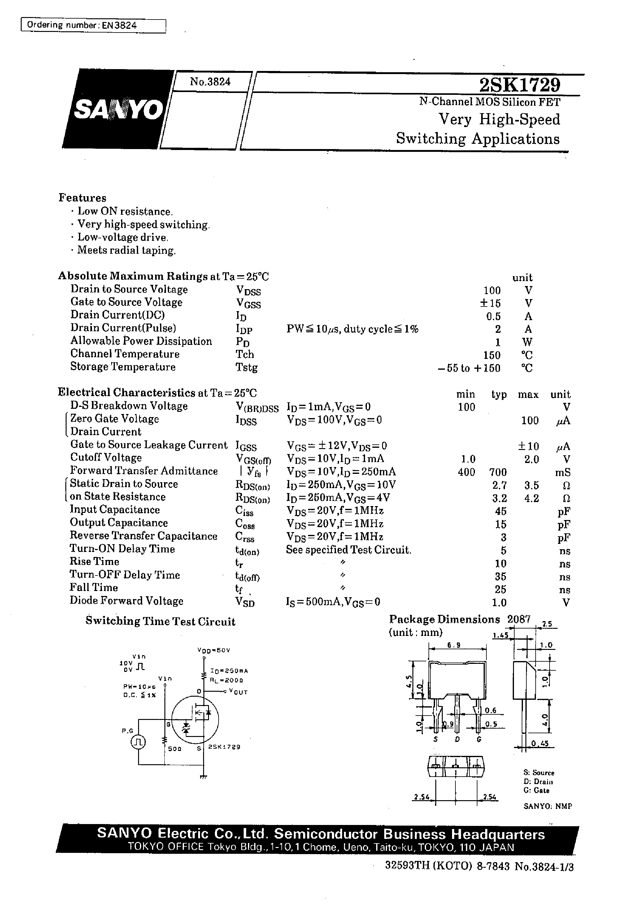 Даташит 2SK1729 - Very High-Speed Switching Applications страница 1