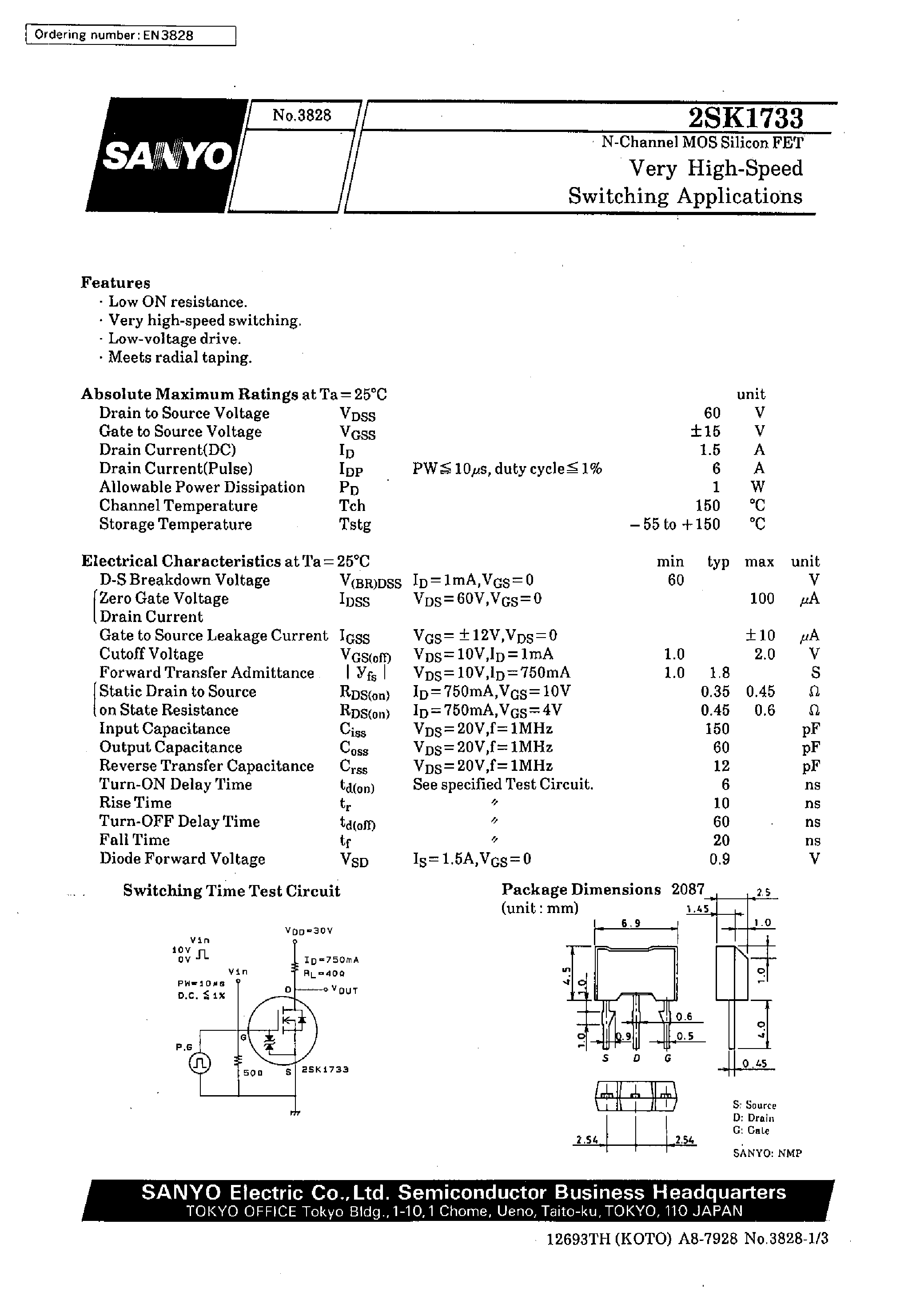 Даташит 2SK1733 - Very High-Speed Switching Applications страница 1