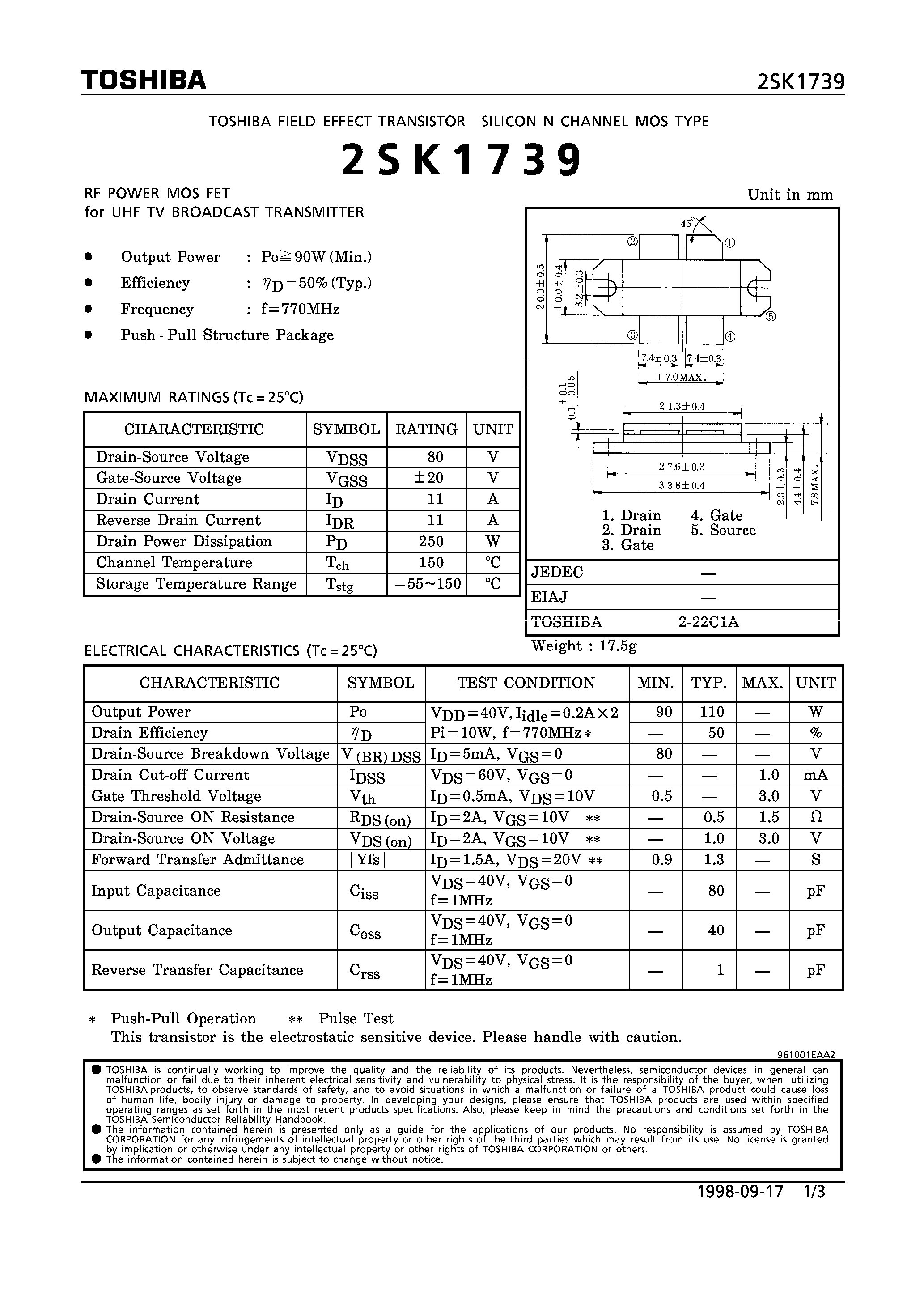 Даташит 2SK1739 - N CHANNEL MOS TYPE (RF POWER MOS FET for UHF TV BROADCAST TRANSMITTER) страница 1