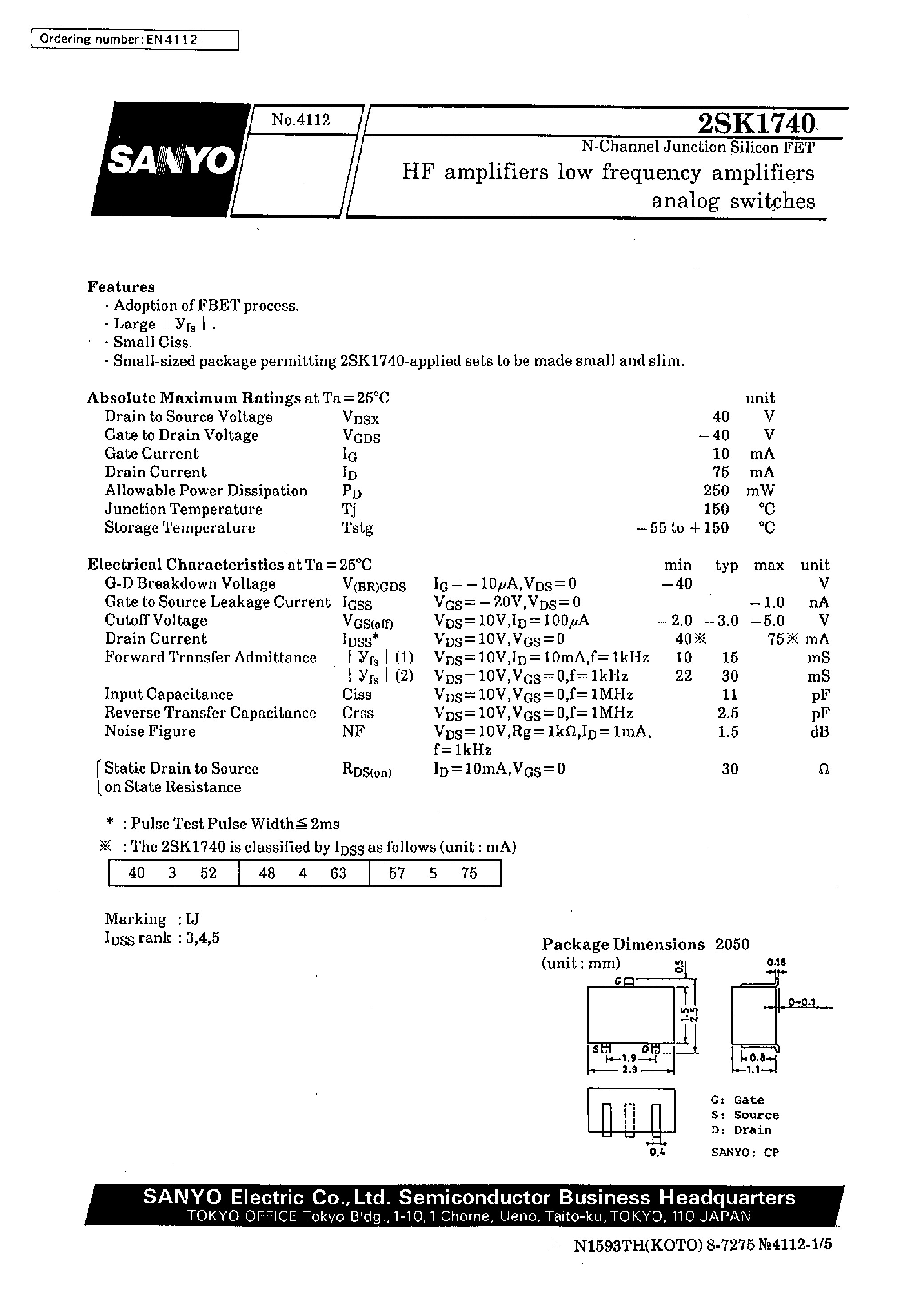 Datasheet 2SK1740 - HF amplifiers low frequency amplifiers analog switches page 1