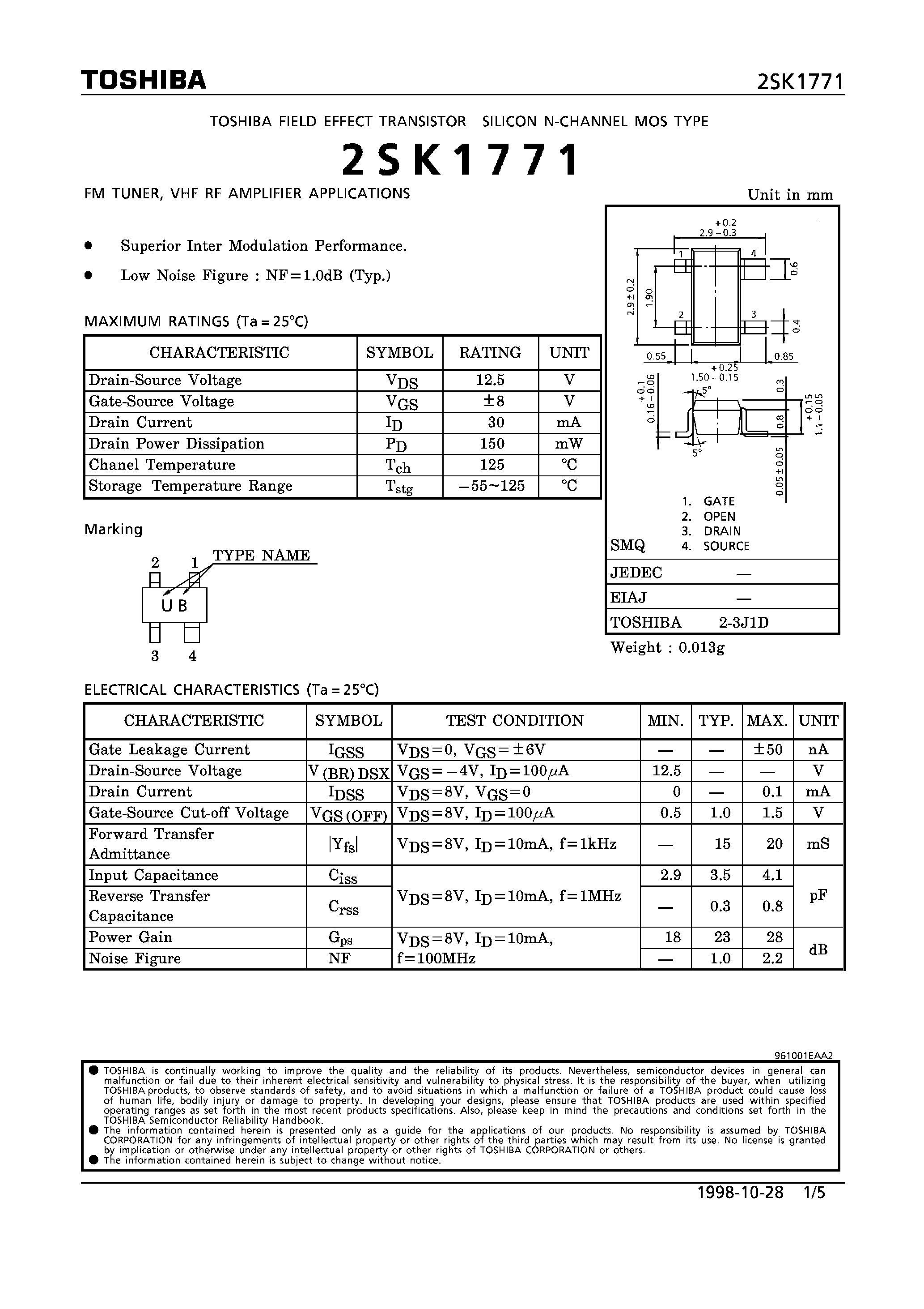 Даташит 2SK1771 - N-CHANNEL MOS TYPE (FM TUNER/ VHF RF AMPLIFIER APPLICATIONS) страница 1