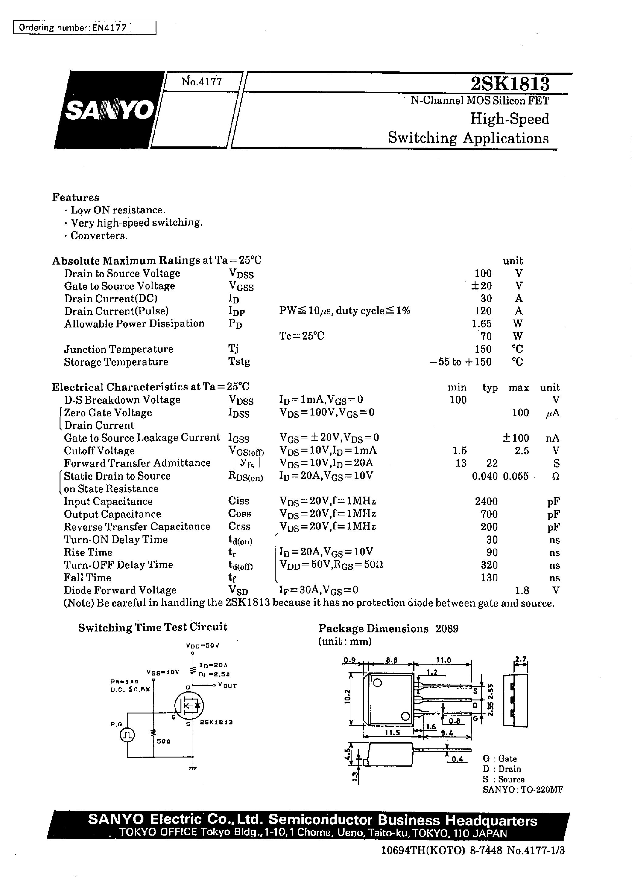 Даташит 2SK1813 - High-Speed Switching Applications страница 1