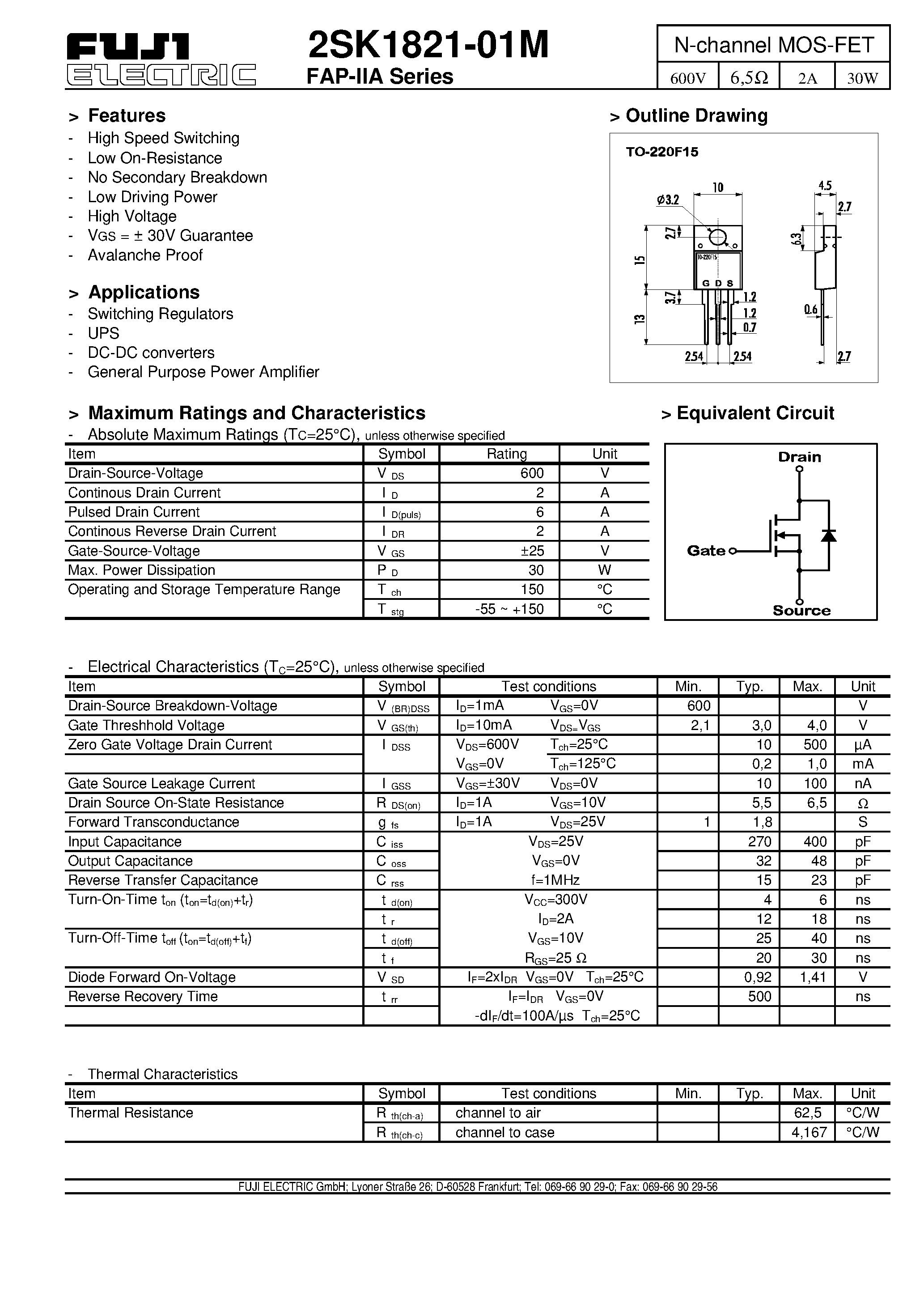 Даташит 2SK1821-01M - N-channel MOS-FET страница 1