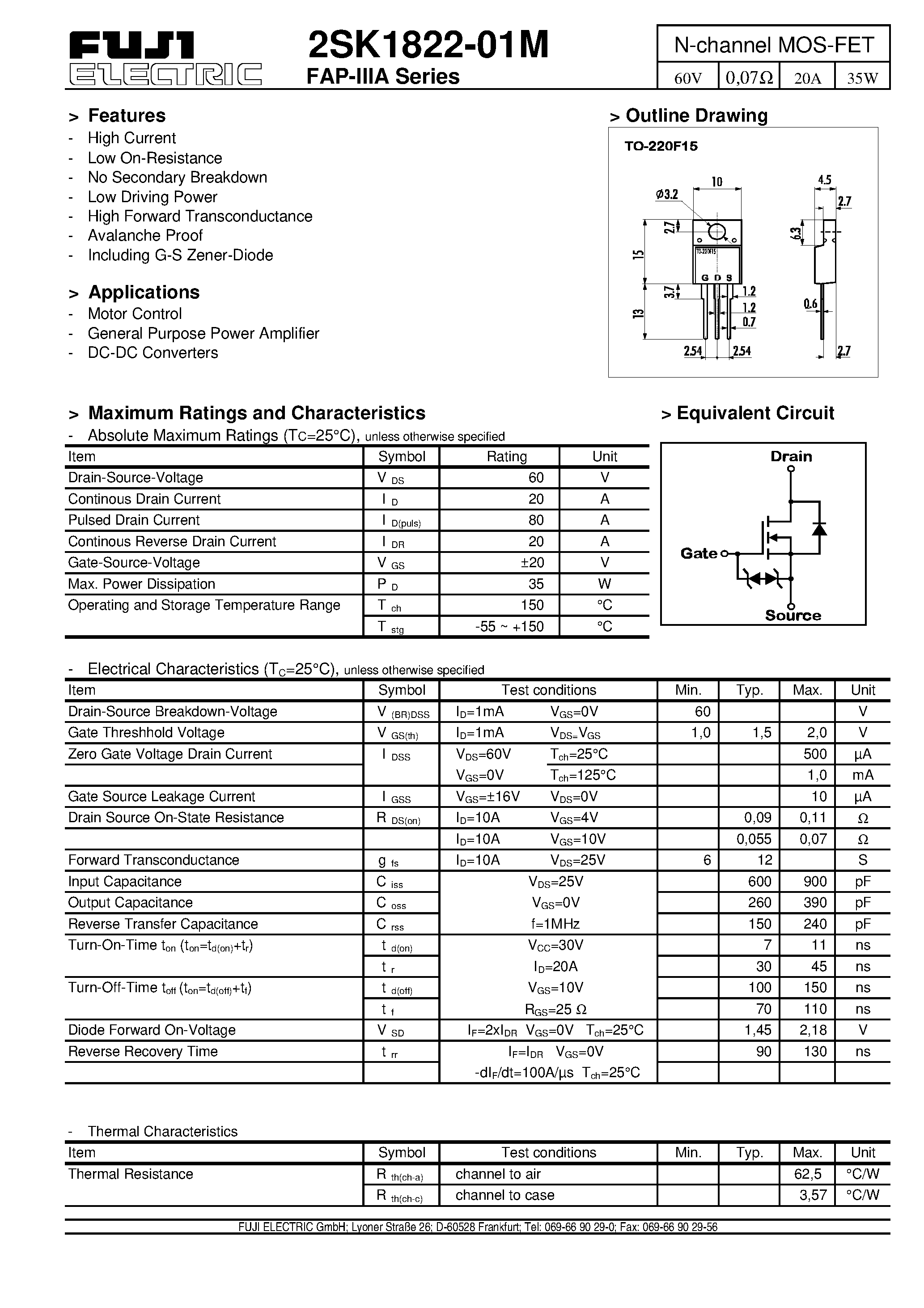 Даташит 2SK1822-01M - N-channel MOS-FET страница 1