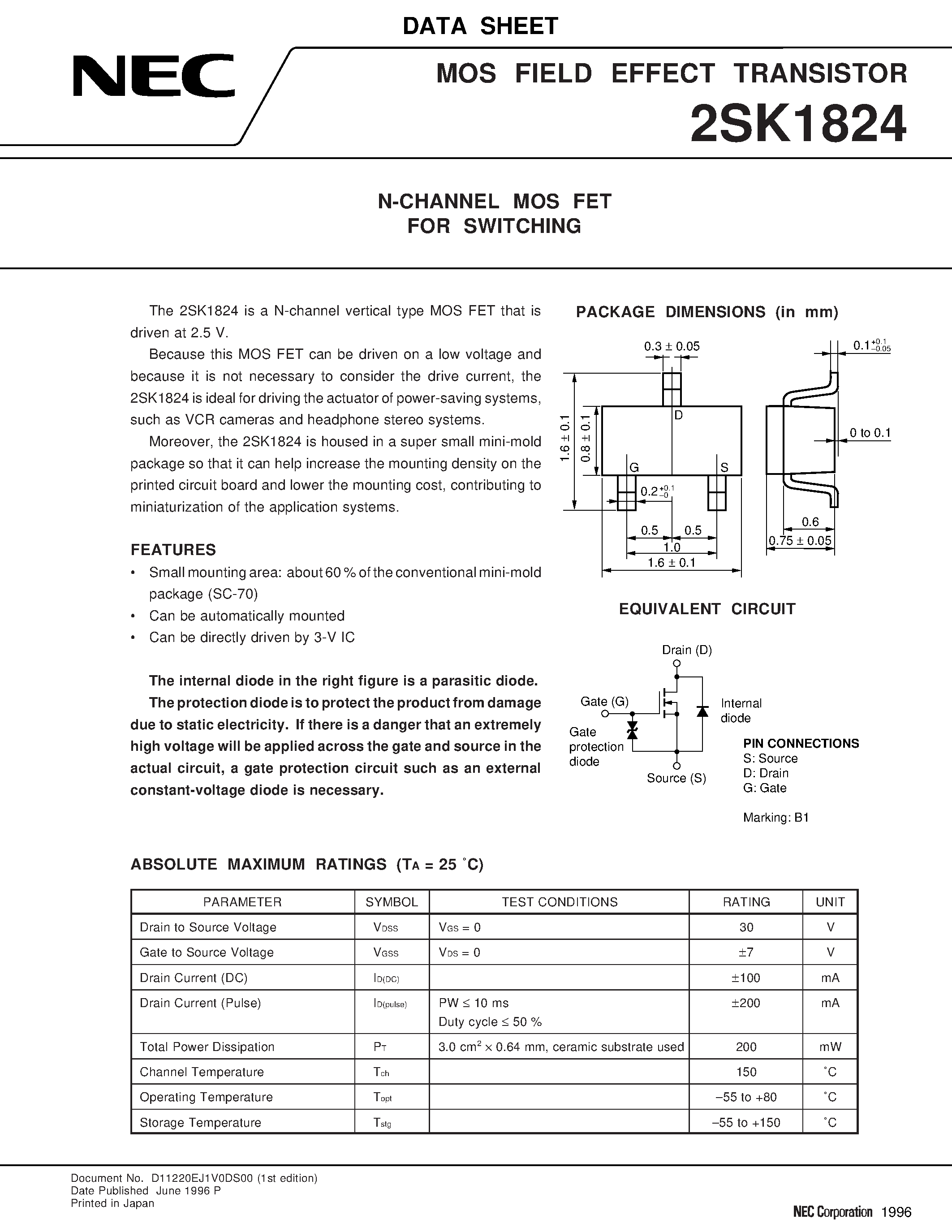 Даташит 2SK1824 - N-CHANNEL MOS FET FOR SWITCHING страница 1