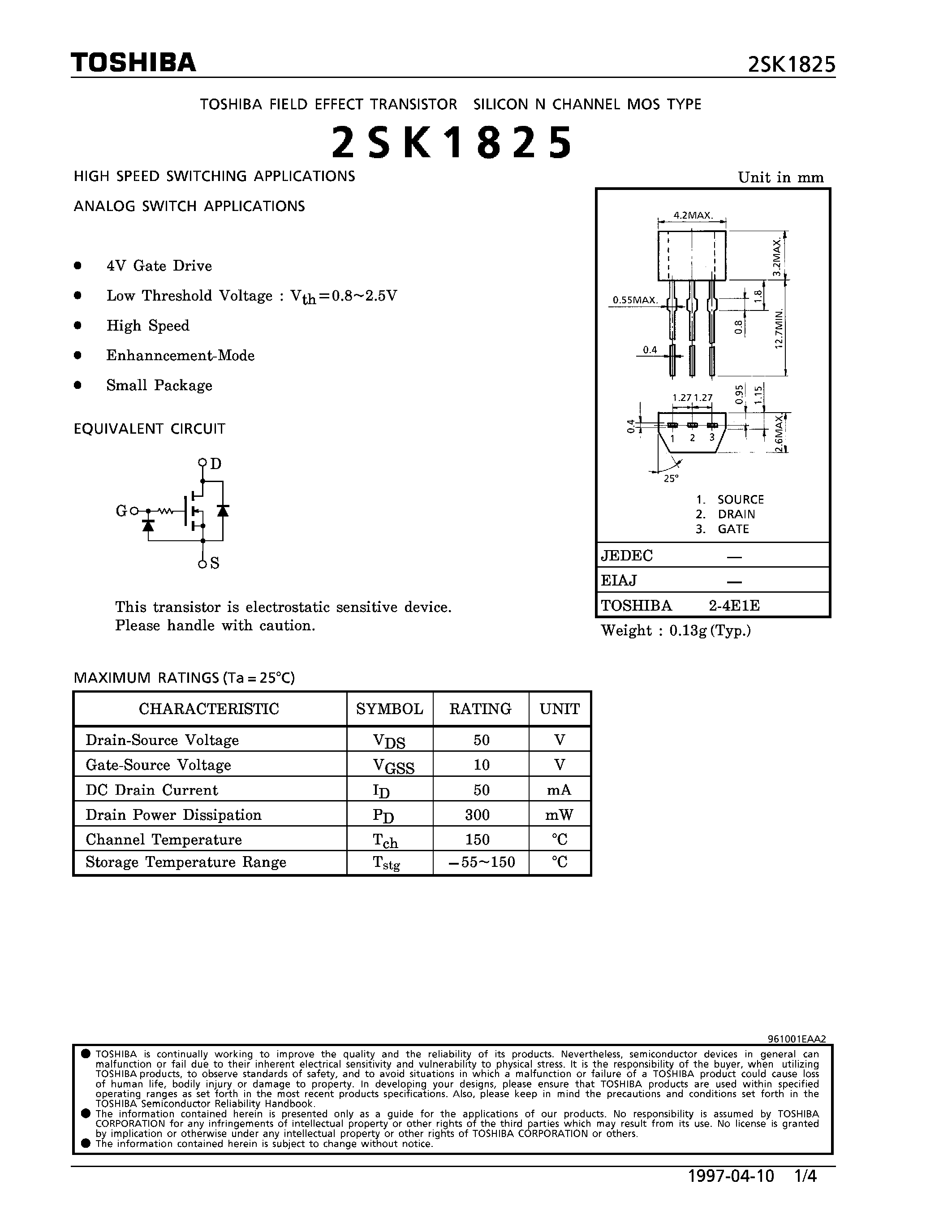 Даташит 2SK1825 - N CHANNEL MOS TYPE (HIGH SPEED SWITCHING/ ANALOG SWITCH APPLICATIONS) страница 1
