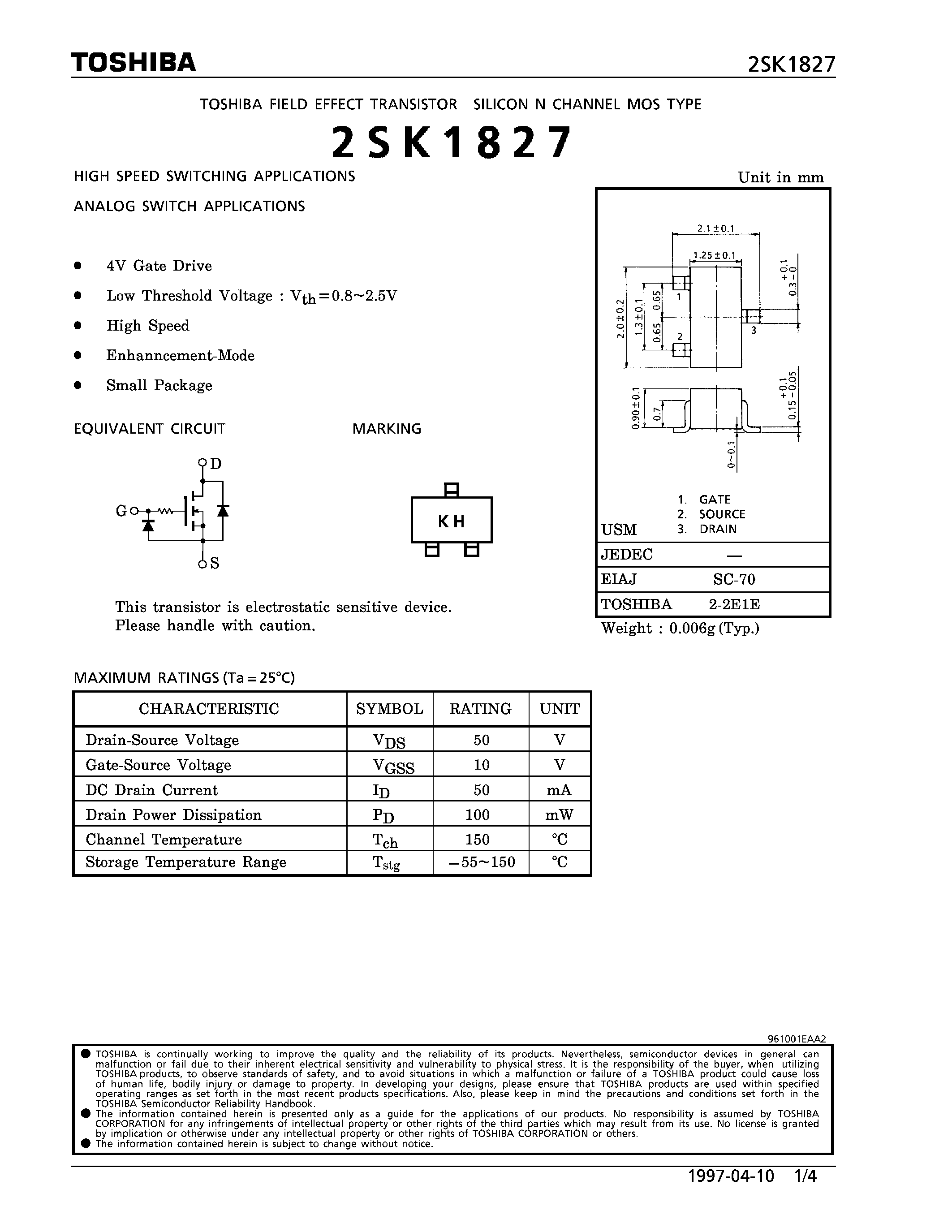 Даташит 2SK1827 - N CHANNEL MOS TYPE (HIGH SPEED SWITCHING/ ANALOG SWITCH APPLICATIONS) страница 1