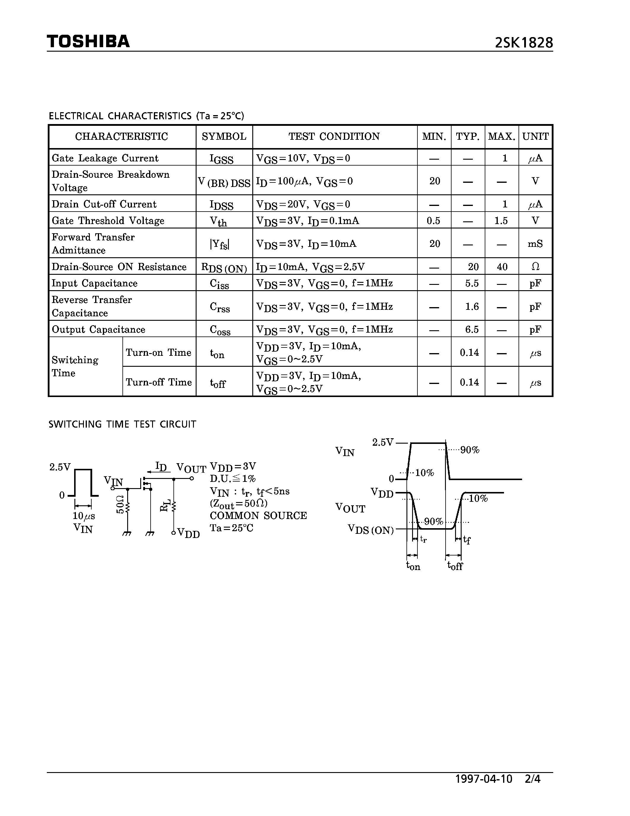 Даташит 2SK1828 - N CHANNEL MOS TYPE (HIGH SPEED SWITCHING/ ANALOG SWITCH APPLICASTIONS) страница 2