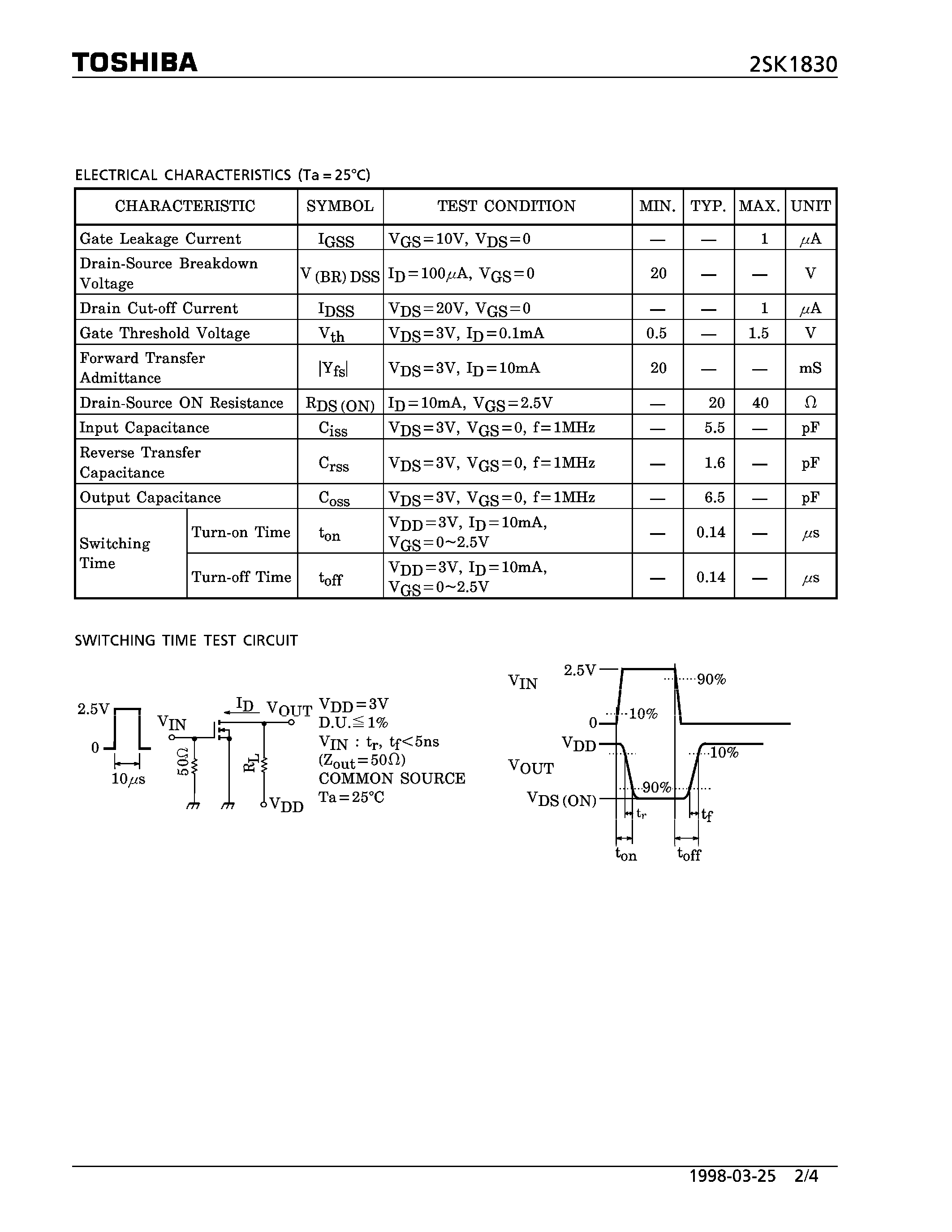Даташит 2SK1830 - N CHANNEL MS TYPE (HIGH SPEED SWITCHING/ ANALOG SWITCH APPLICATIONS) страница 2