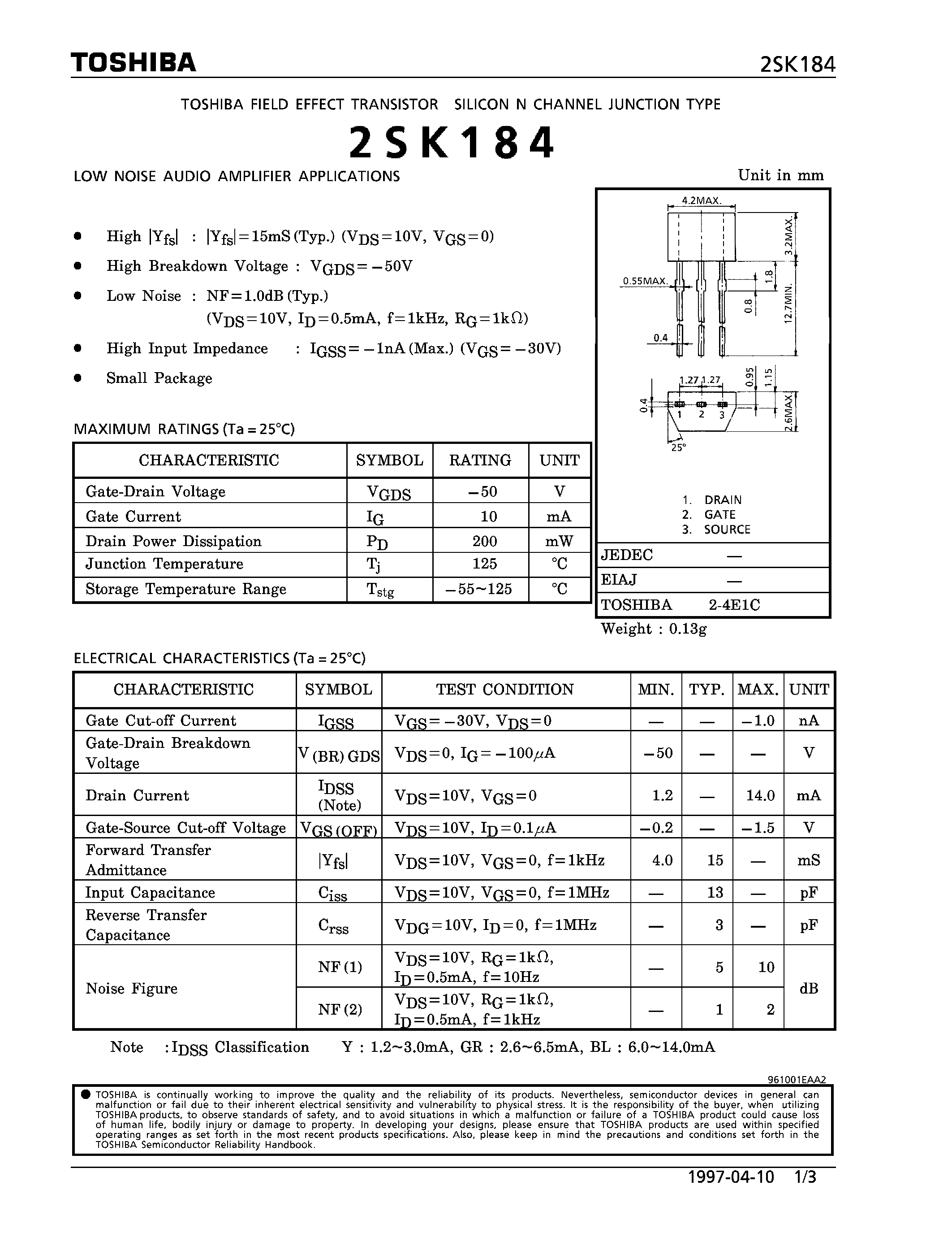 Даташит 2SK184 - N CHANNEL JUNCTION TYPE (LOW NOISE AUDIO AMPLIFIER APPLICATIONS) страница 1