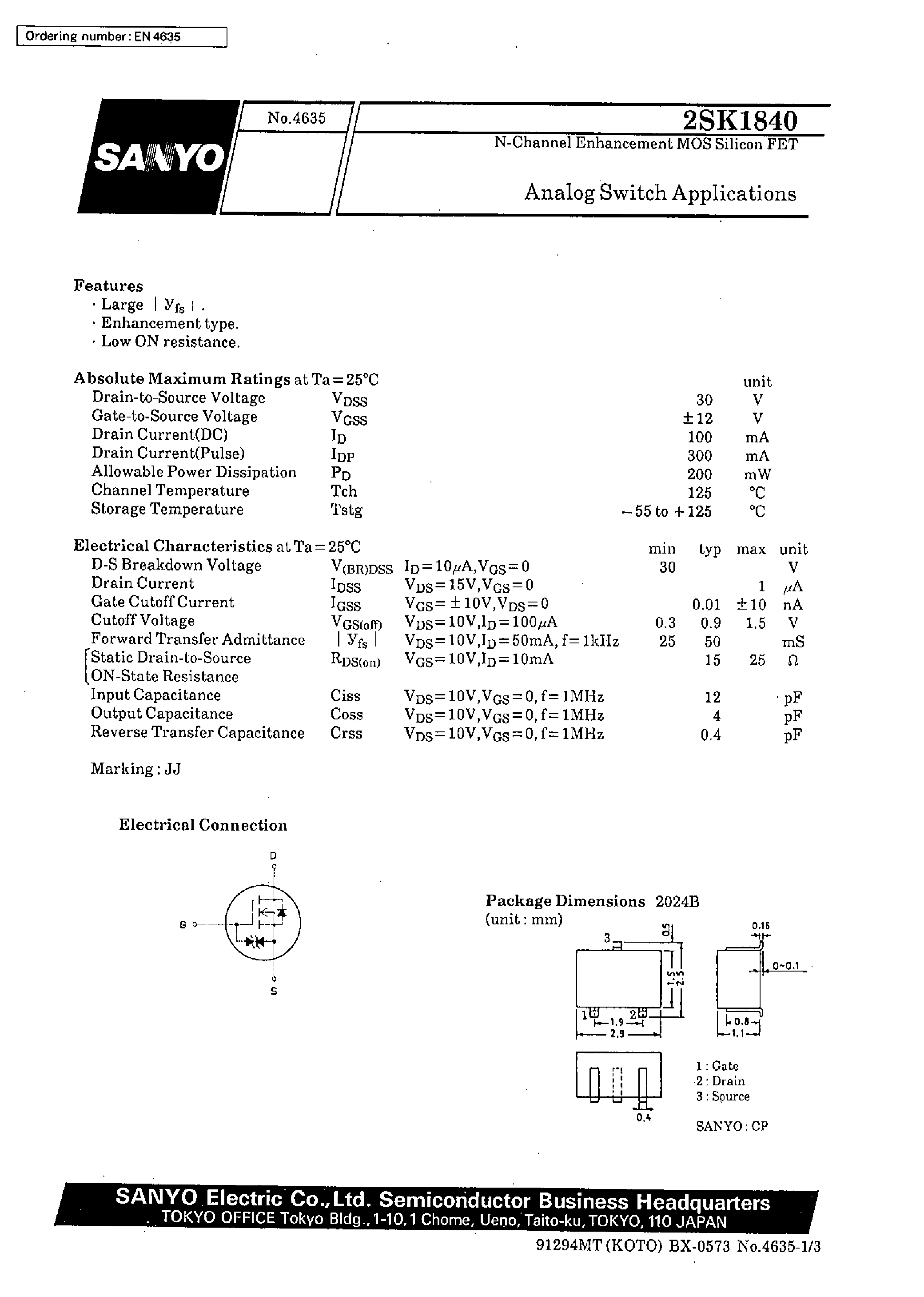 Даташит 2SK1840 - Analog Switch Applications страница 1