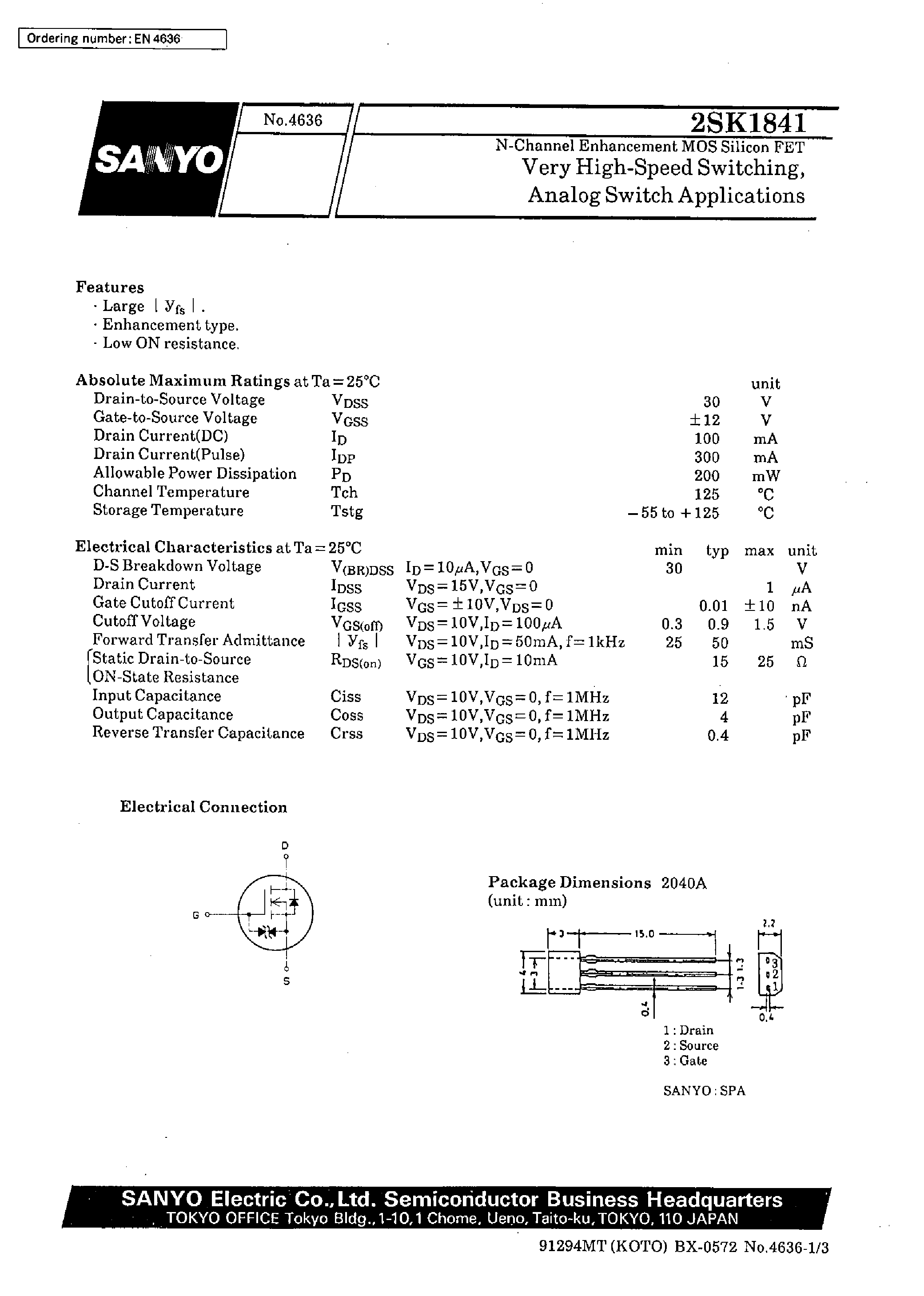 Даташит 2SK1841 - Very High-Speed Switching/ Analog Switch Applications страница 1