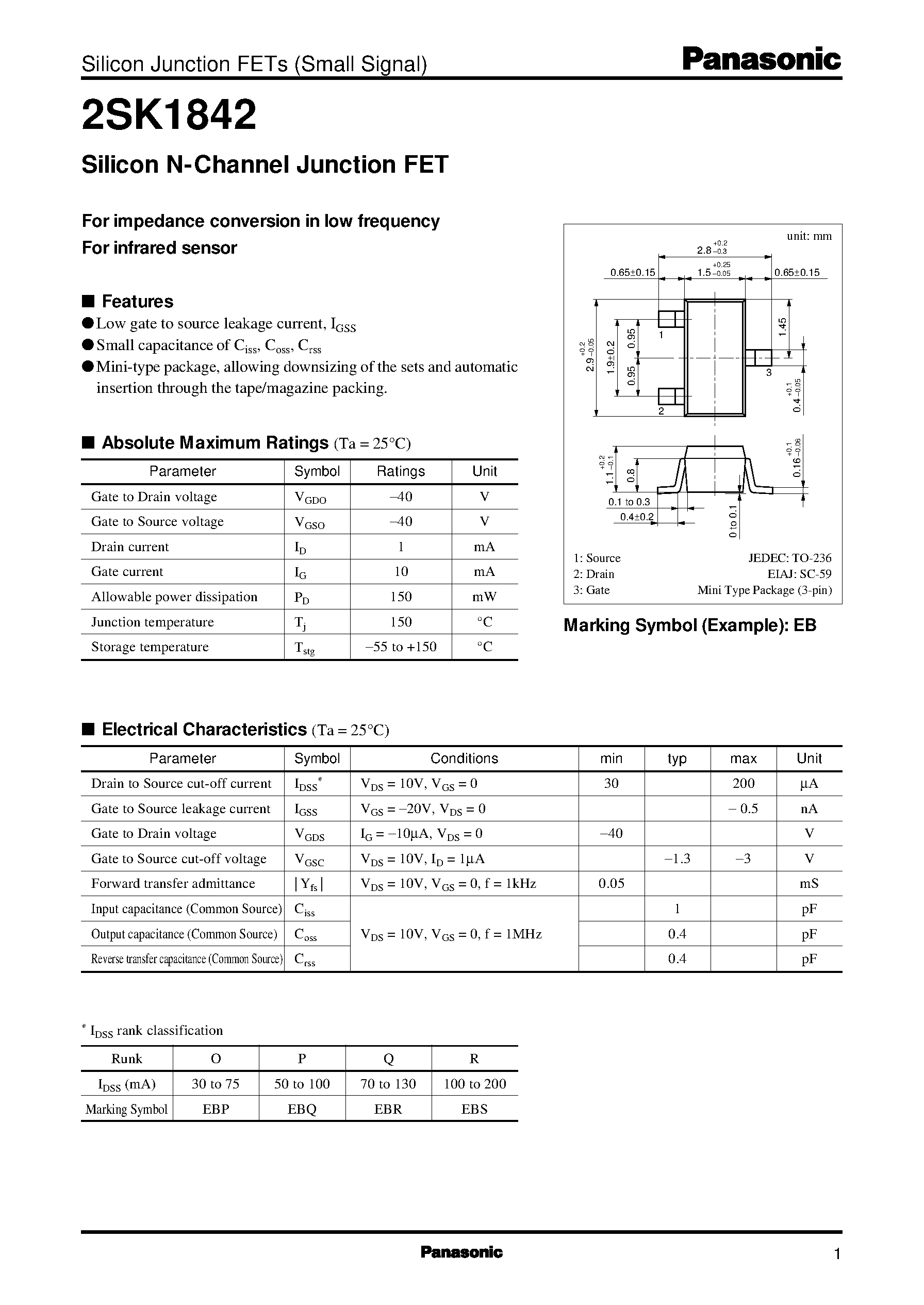 Даташит 2SK1842 - Silicon N-Channel Junction FET страница 1