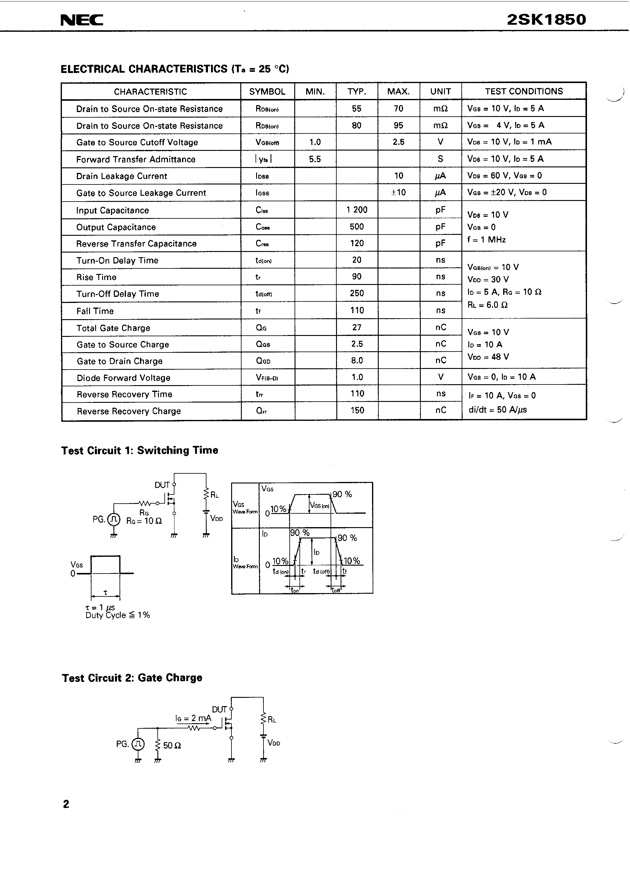 Даташит на микросхему 2SK1850 страница 2 Даташит 2SK1850 - SWITCHING N-CHANNEL POWER MOS FET INDUSTRIAL USE страница 2