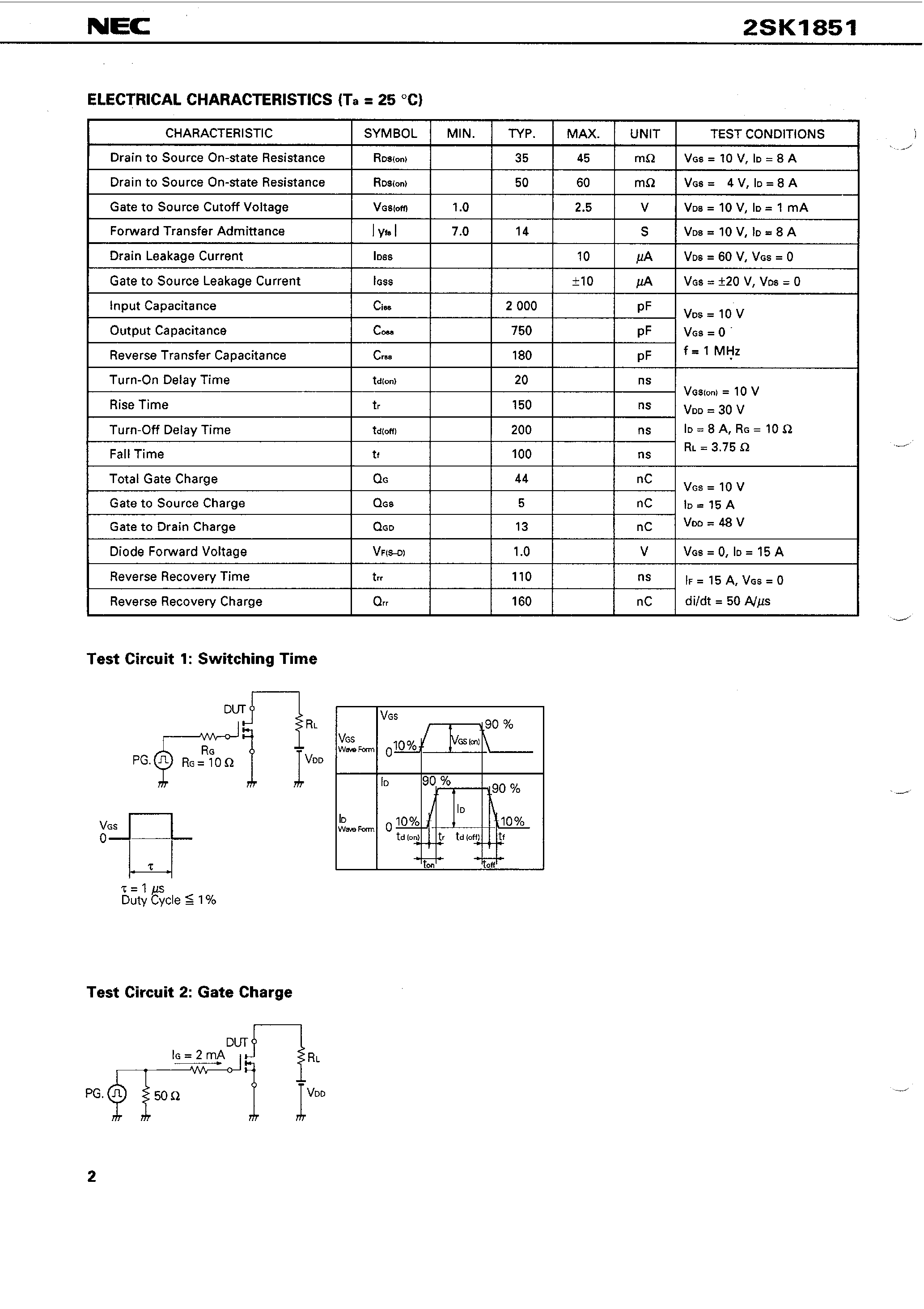 Даташит 2SK1851 - SWITCHING N-CHANNEL POWER MOS FET INDUSTRIAL USE страница 2